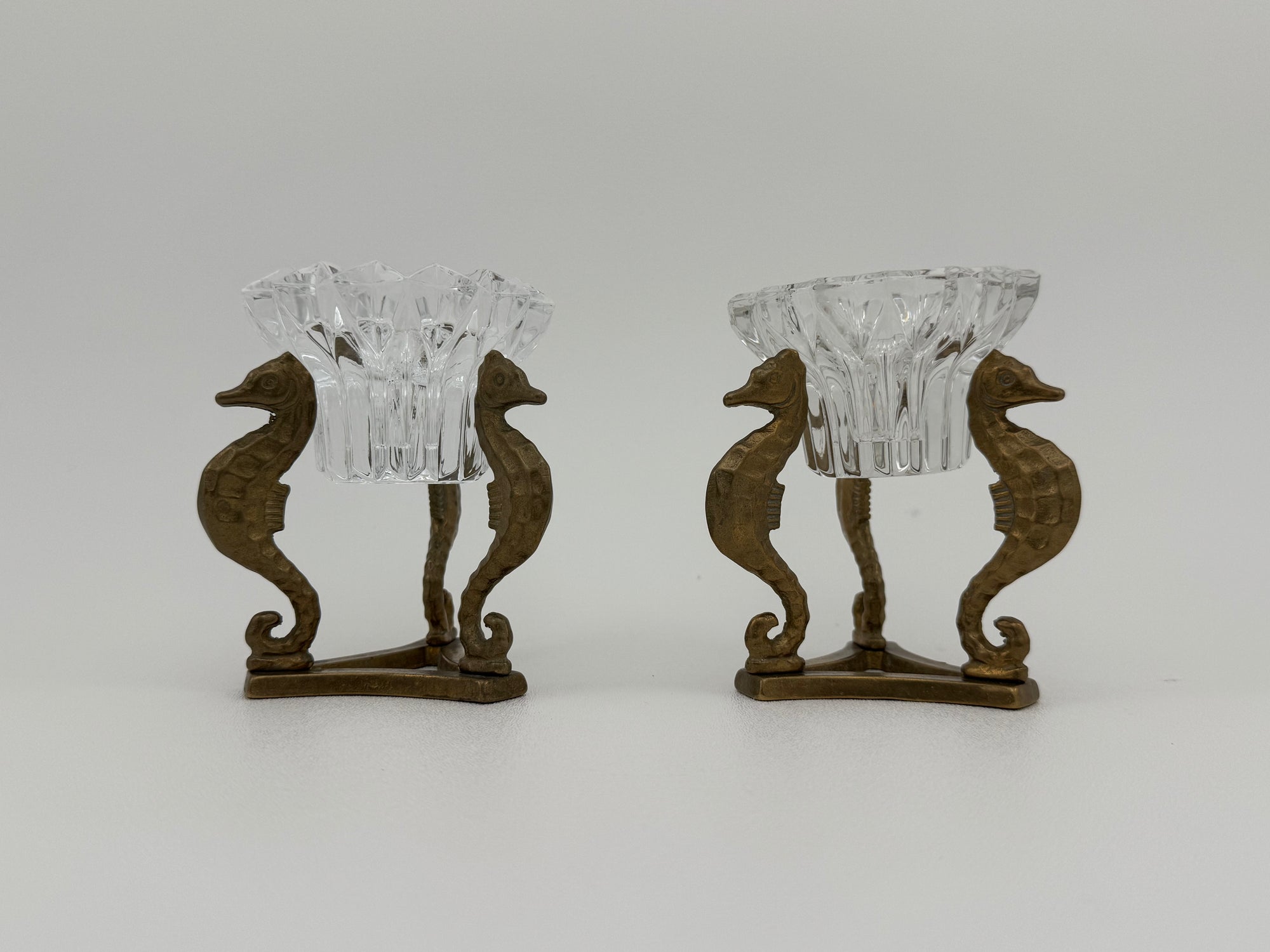 Vintage Brass Seahorse Stands with Crystal Inserts-A Pair