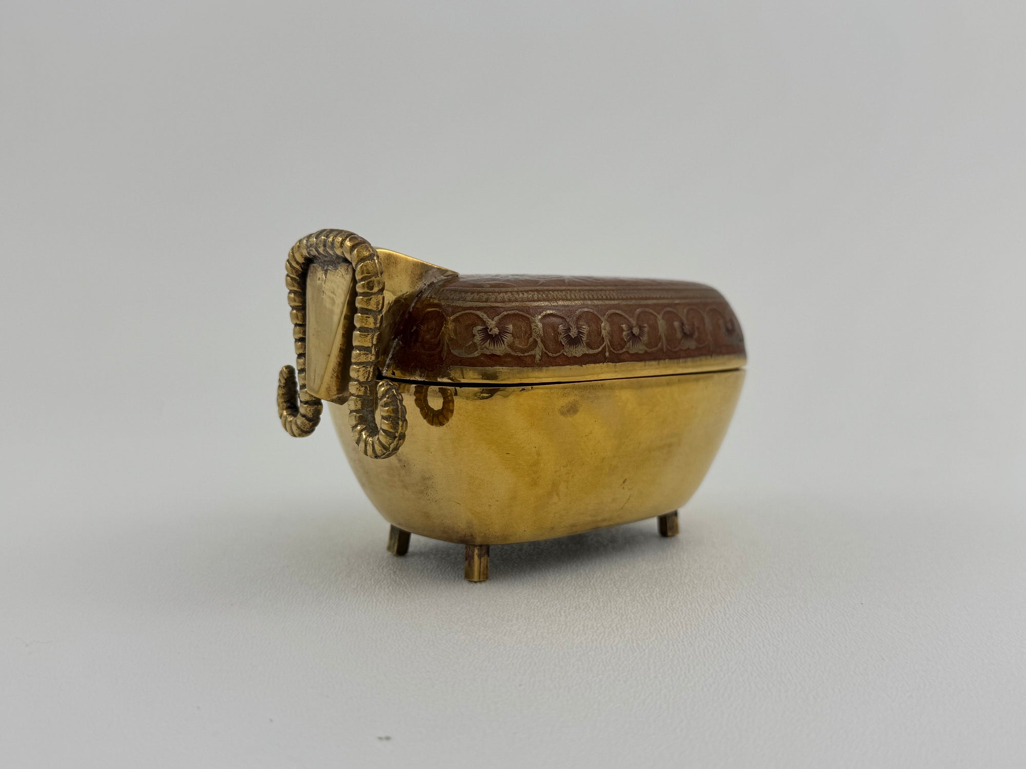 Vintage Brass Goat Trinket Dish With Enameled Etchings
