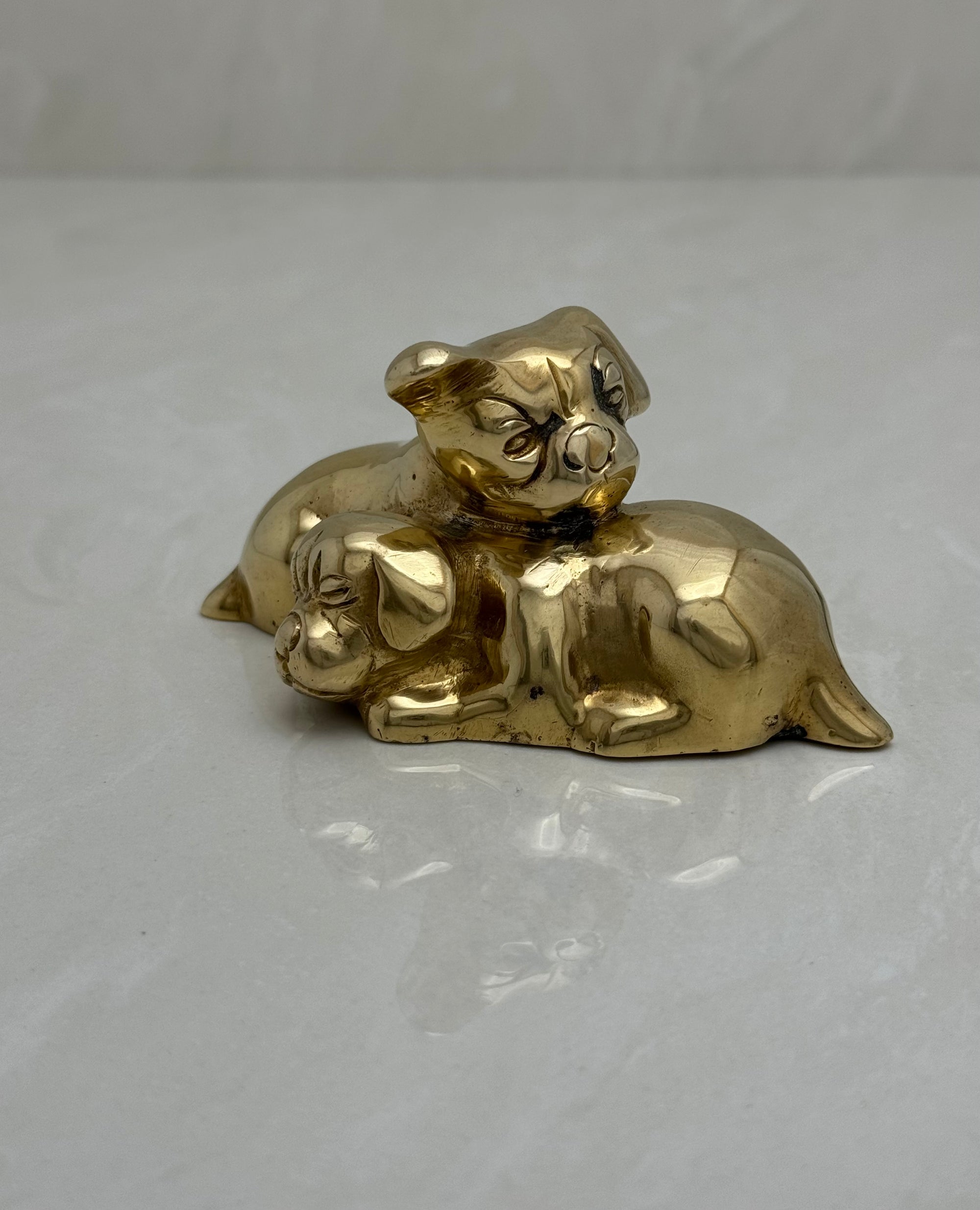 Cute Small Vintage Brass Sleeping Bulldog Puppies-A Collectible