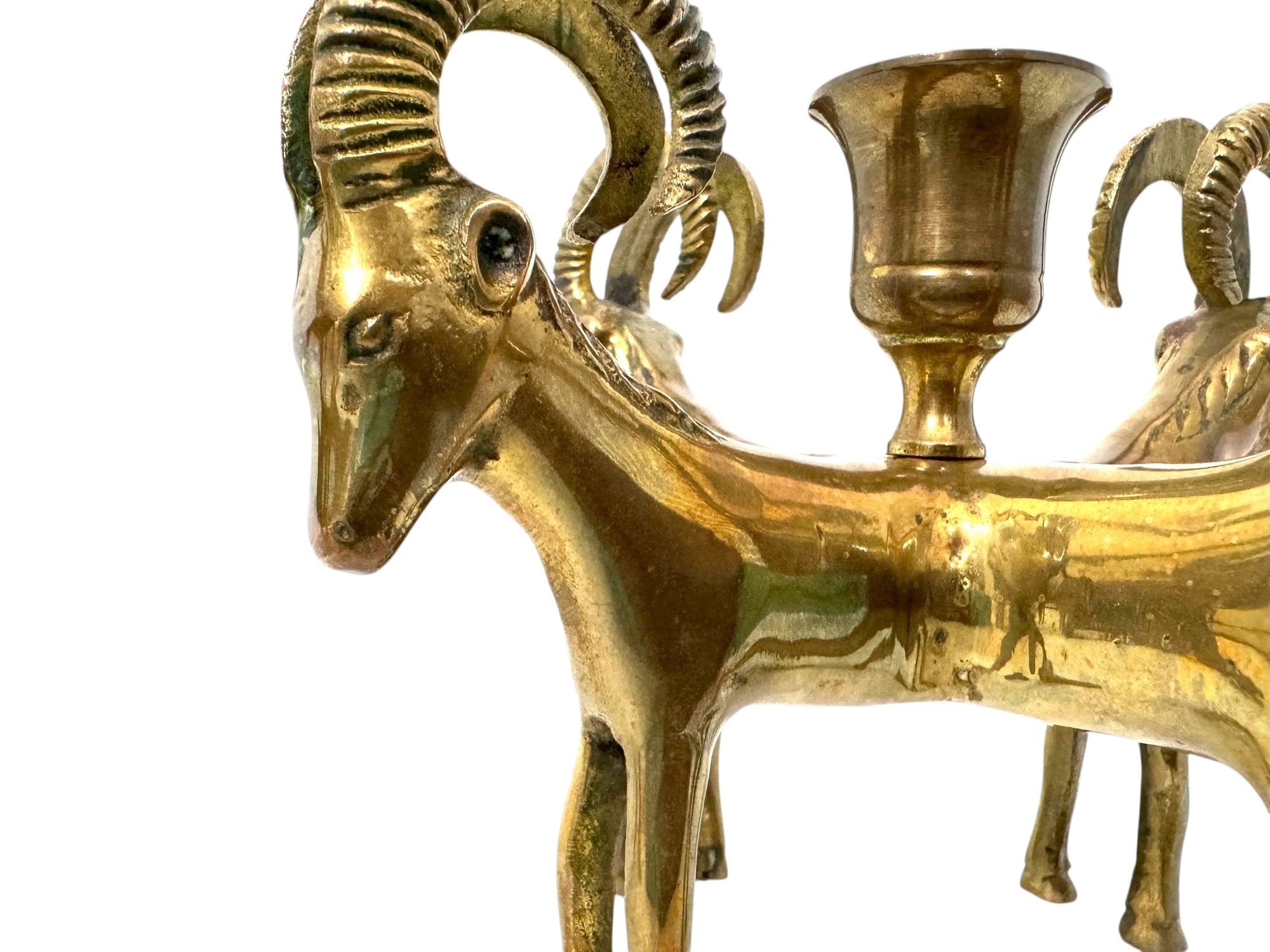 Exceptional Pair of Vintage Four-Headed Ram Brass Candleholders – MCM Sculptural Decor | Hollywood Regency Masterpieces