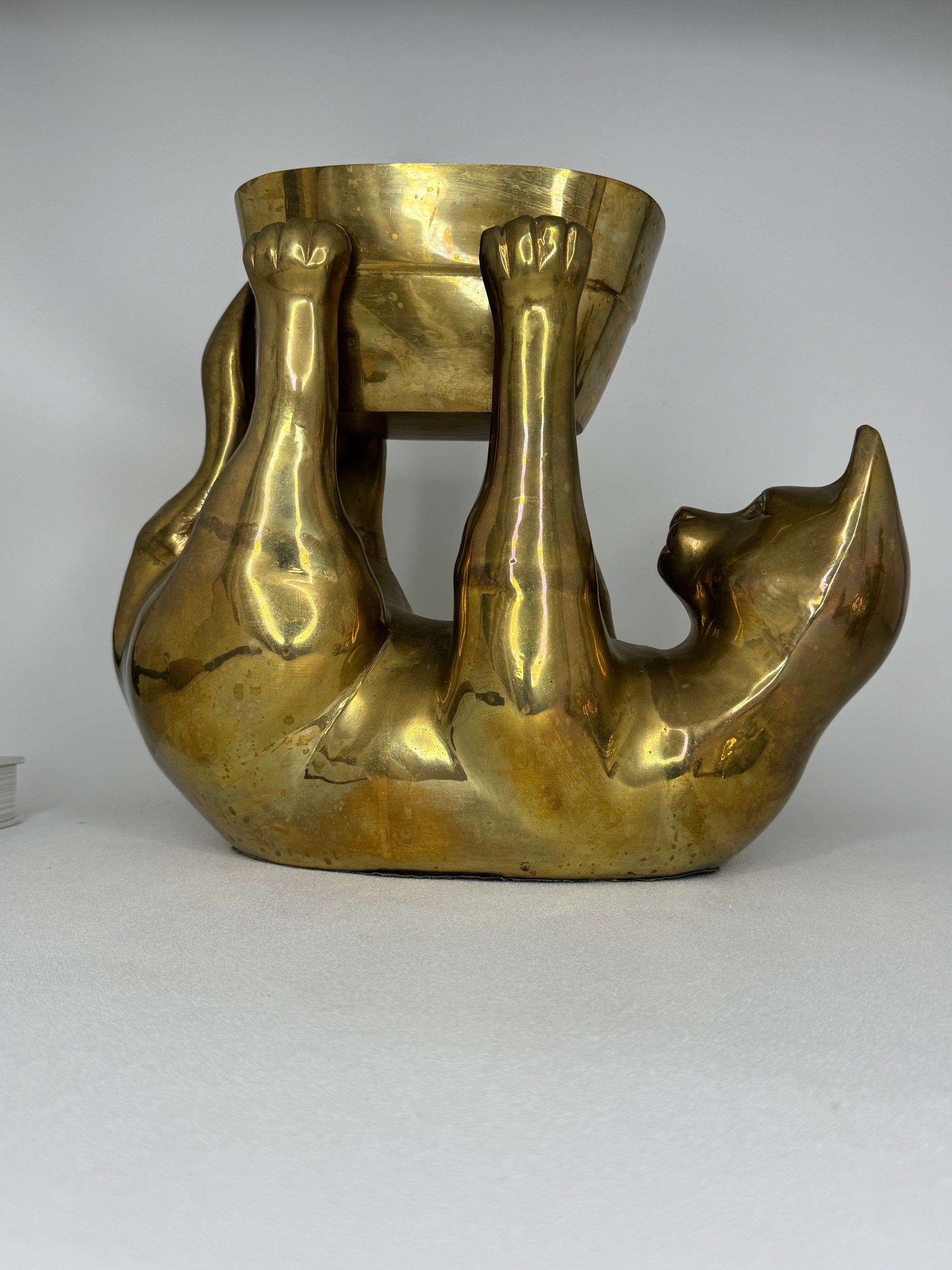 Rare Large Vintage Brass Cat Planter –Statement Cat Holding Bowl Centerpiece