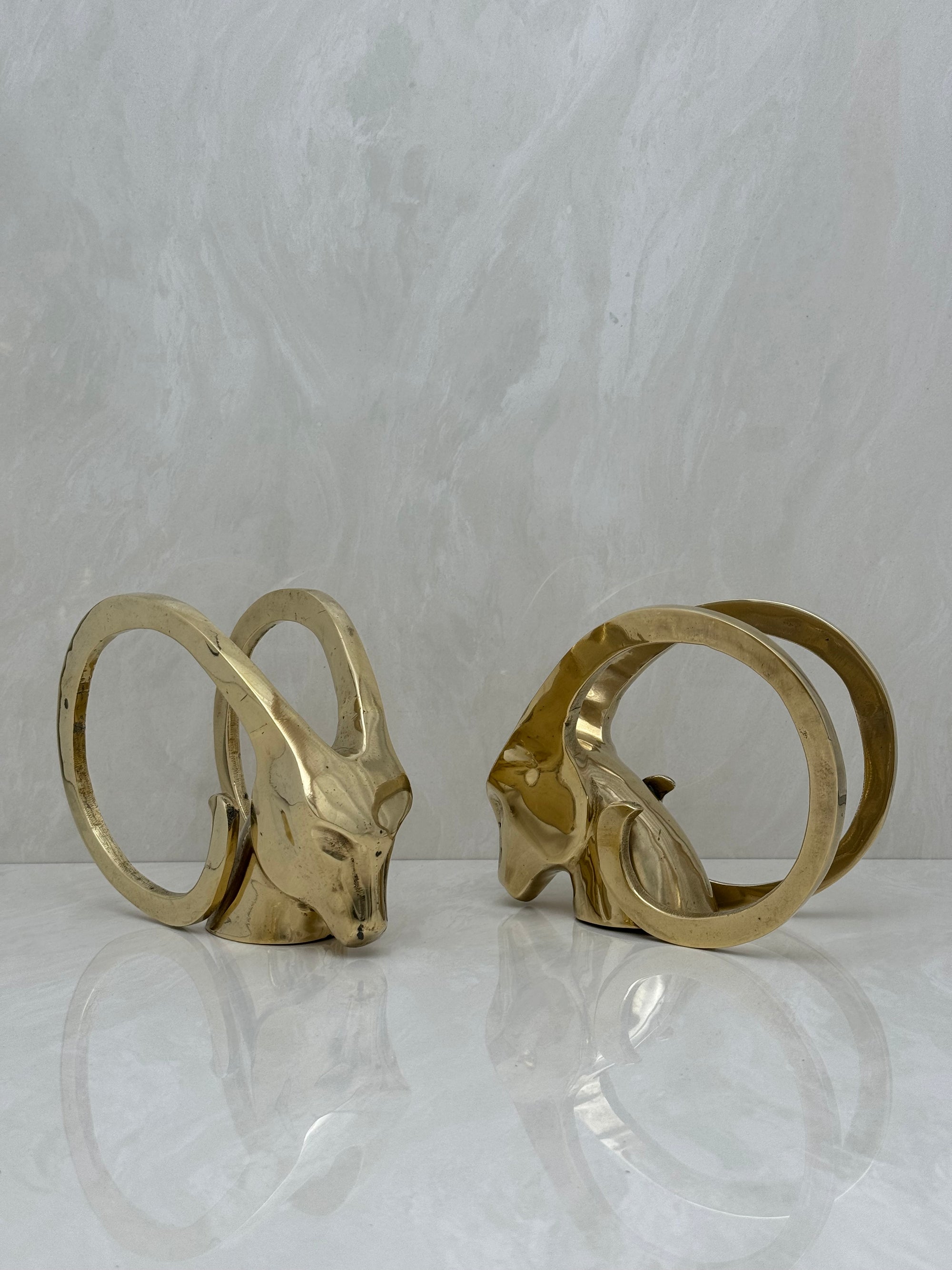 Vintage Brass Rams with Curled Horns-A Pair