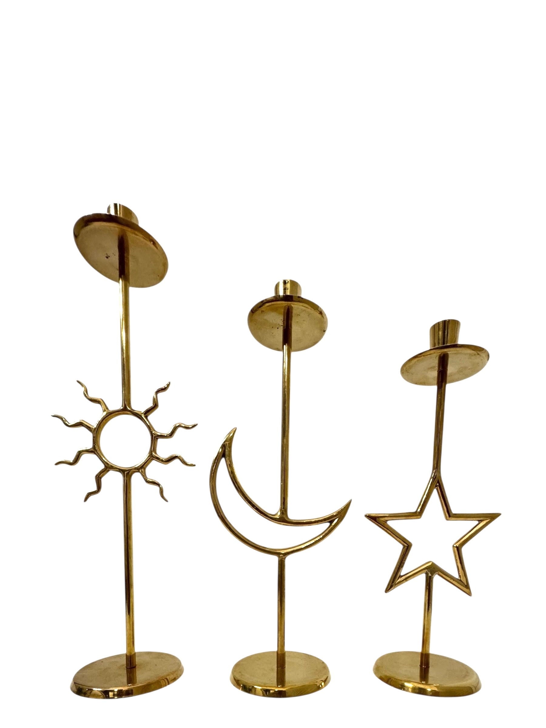 Vintage Brass Sun, Moon &amp; Star Candle Holders – Celestial Mid-Century Trio-Over 1 Foot Tall