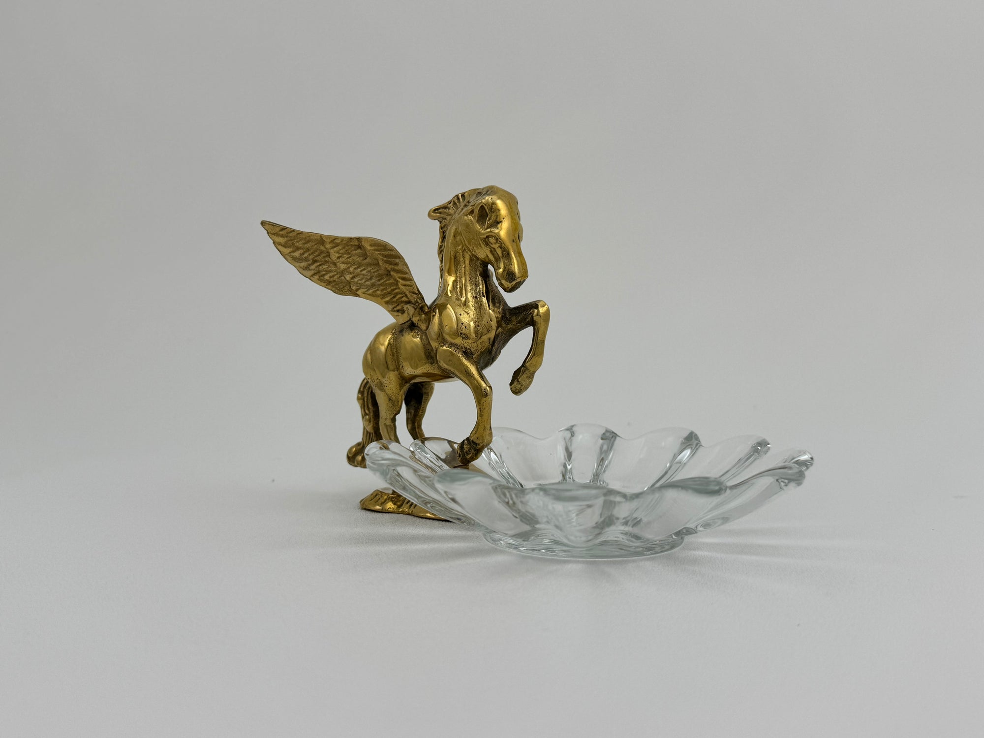 Vintage Brass Pegasus With Glass Trinket Dish- A Set