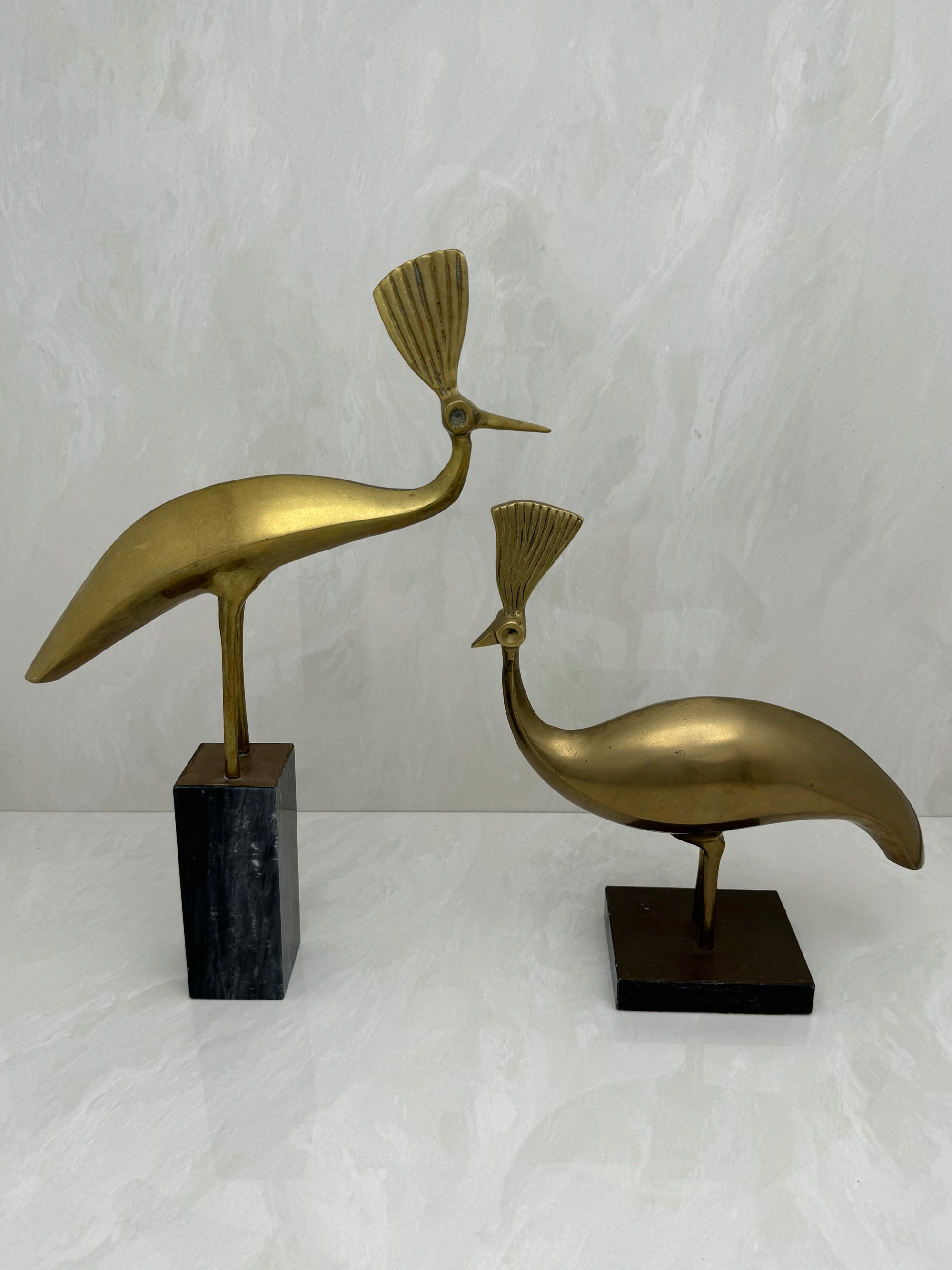 Vintage Brass Peacocks on Marble Bases- A Pair by Rosenthal Netter