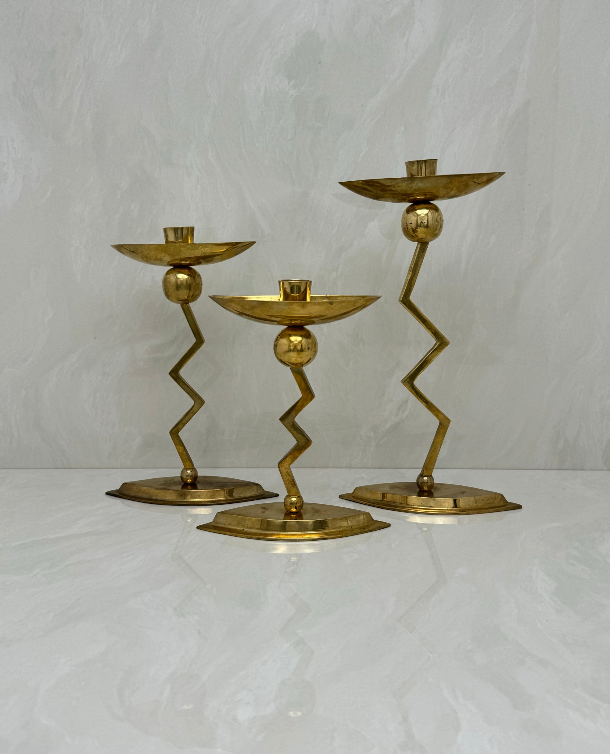 Vintage Brass Retro Candlestick Holders-A Set of Three