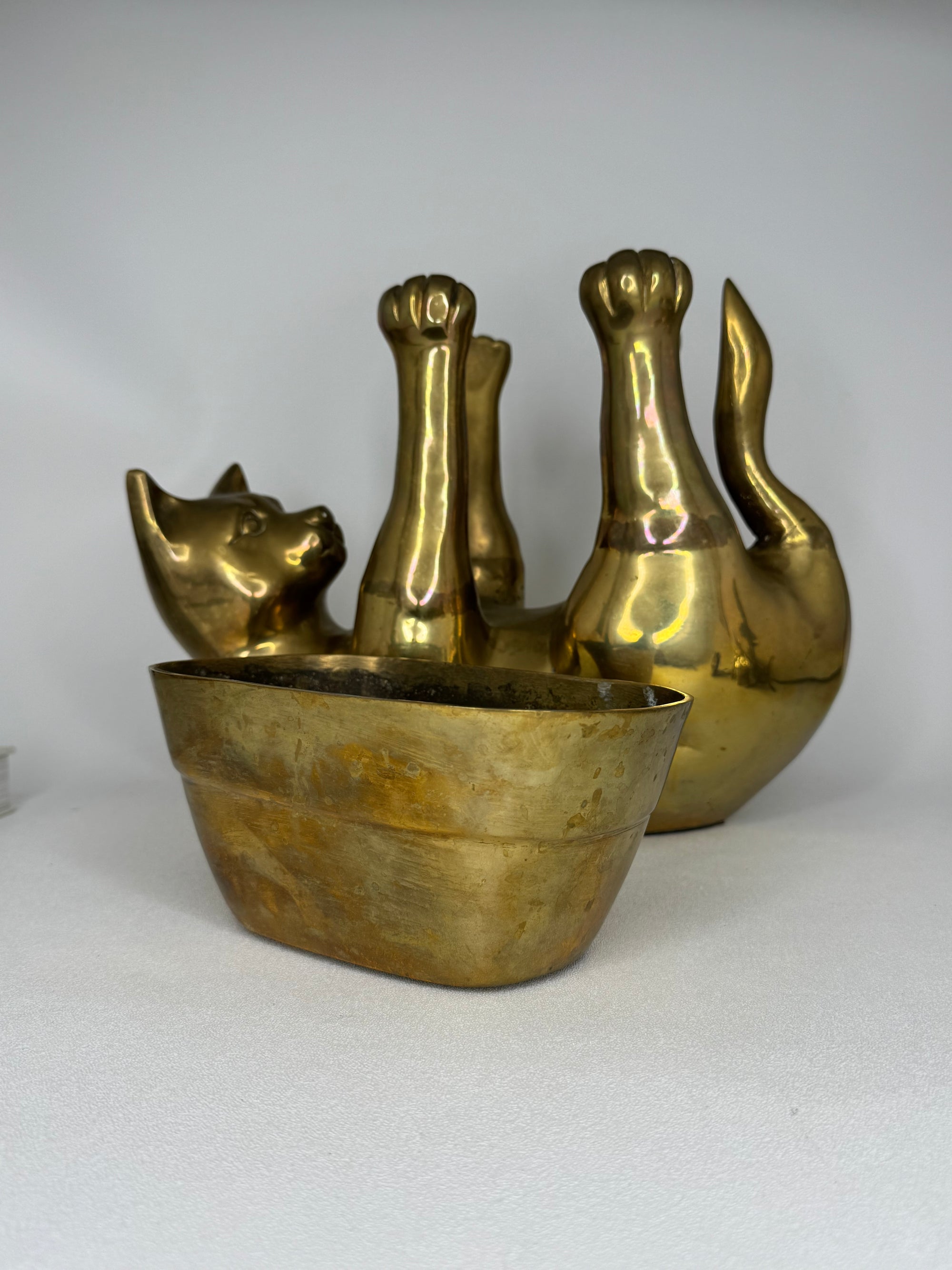 Rare Large Vintage Brass Cat Planter –Statement Cat Holding Bowl Centerpiece