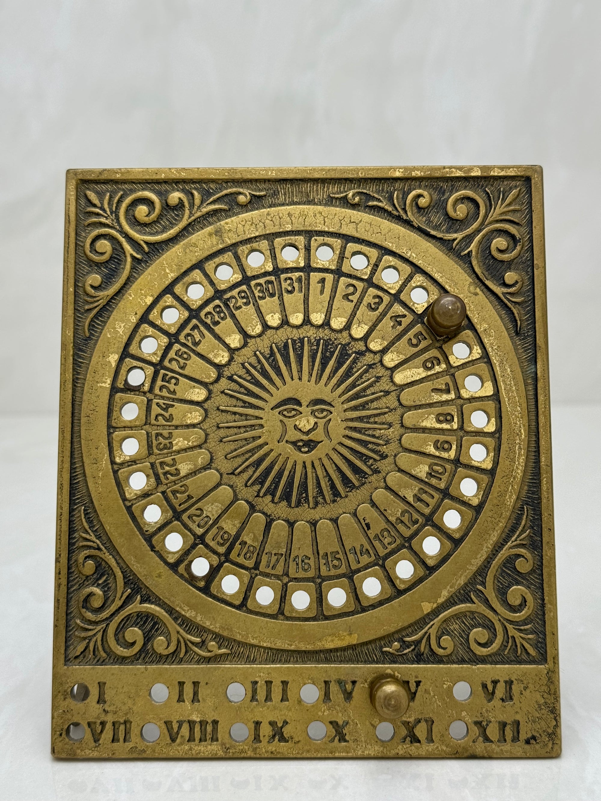 Vintage Brass Sun Calendar-Date Marker with Two Pegs