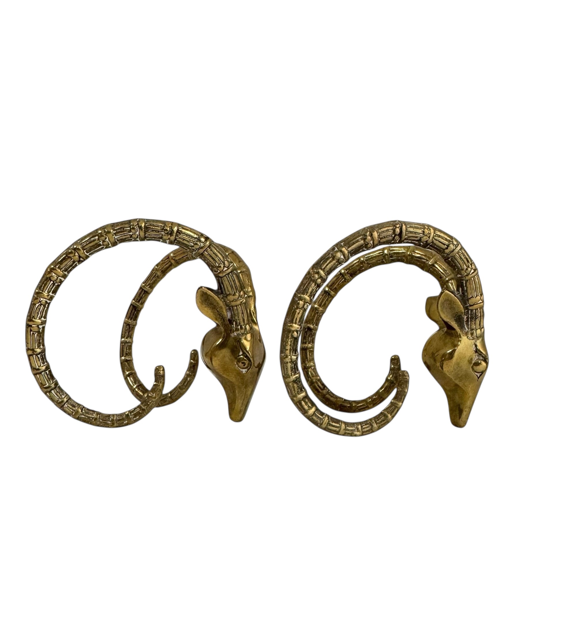 Small Vintage Brass Ram Head Sculptures – Hollywood Regency Mid-Century Pair