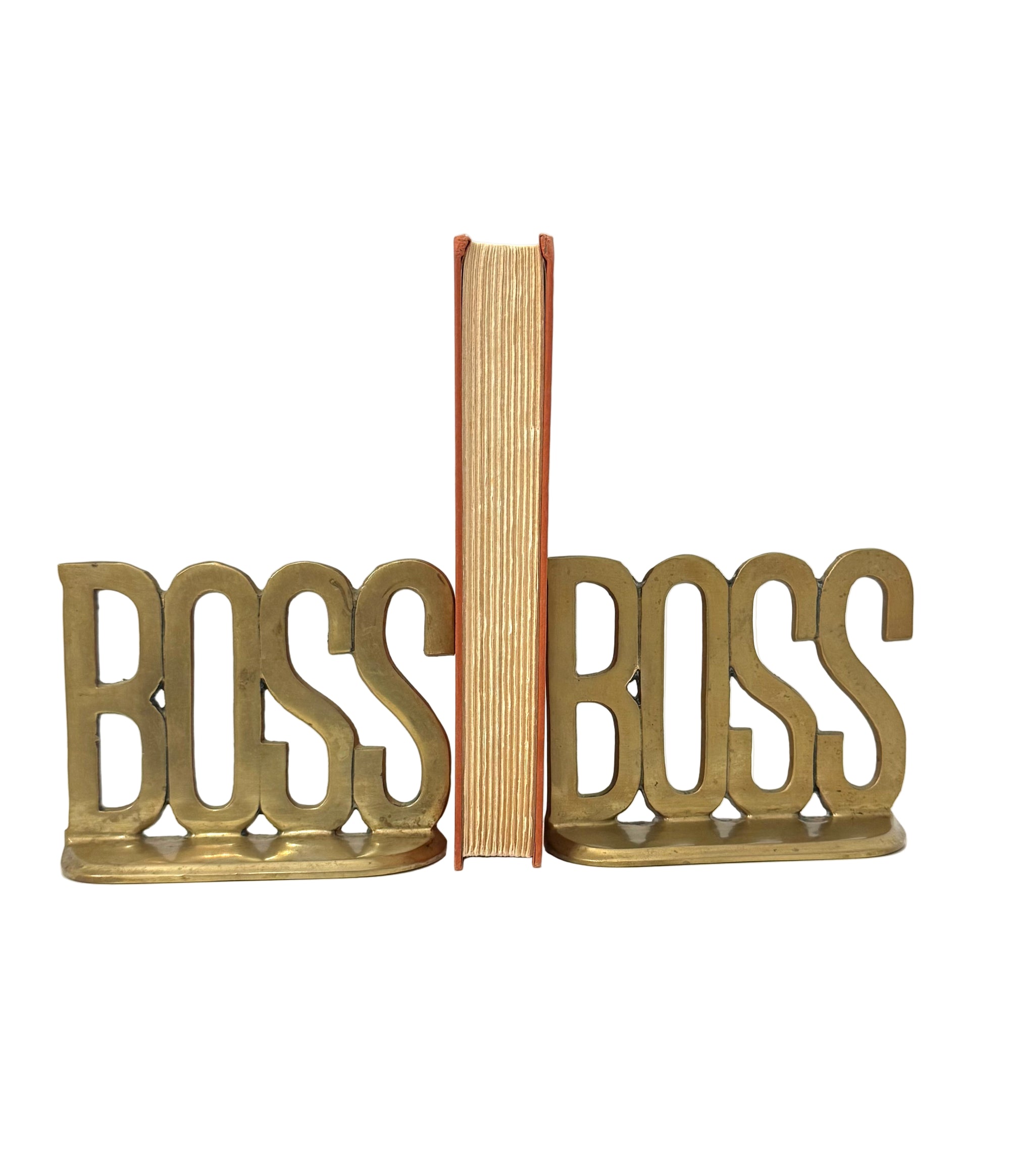 Vintage Brass “BOSS” Bookends | Mid-Century Modern Office Decor