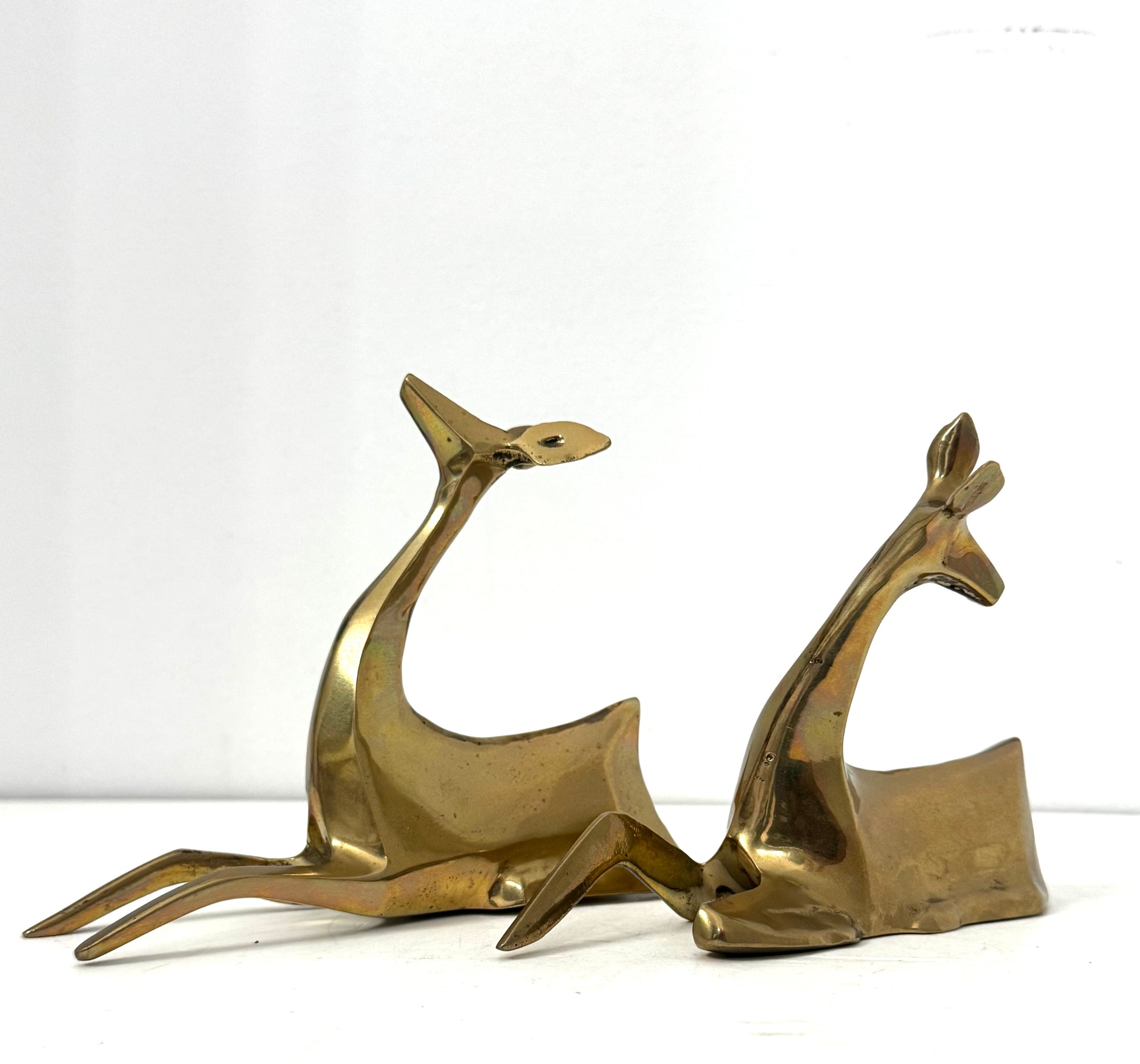 1984 Enesco Brass Deer Sculptures — Abstract Mid-Century Modern Pair, Made in Korea