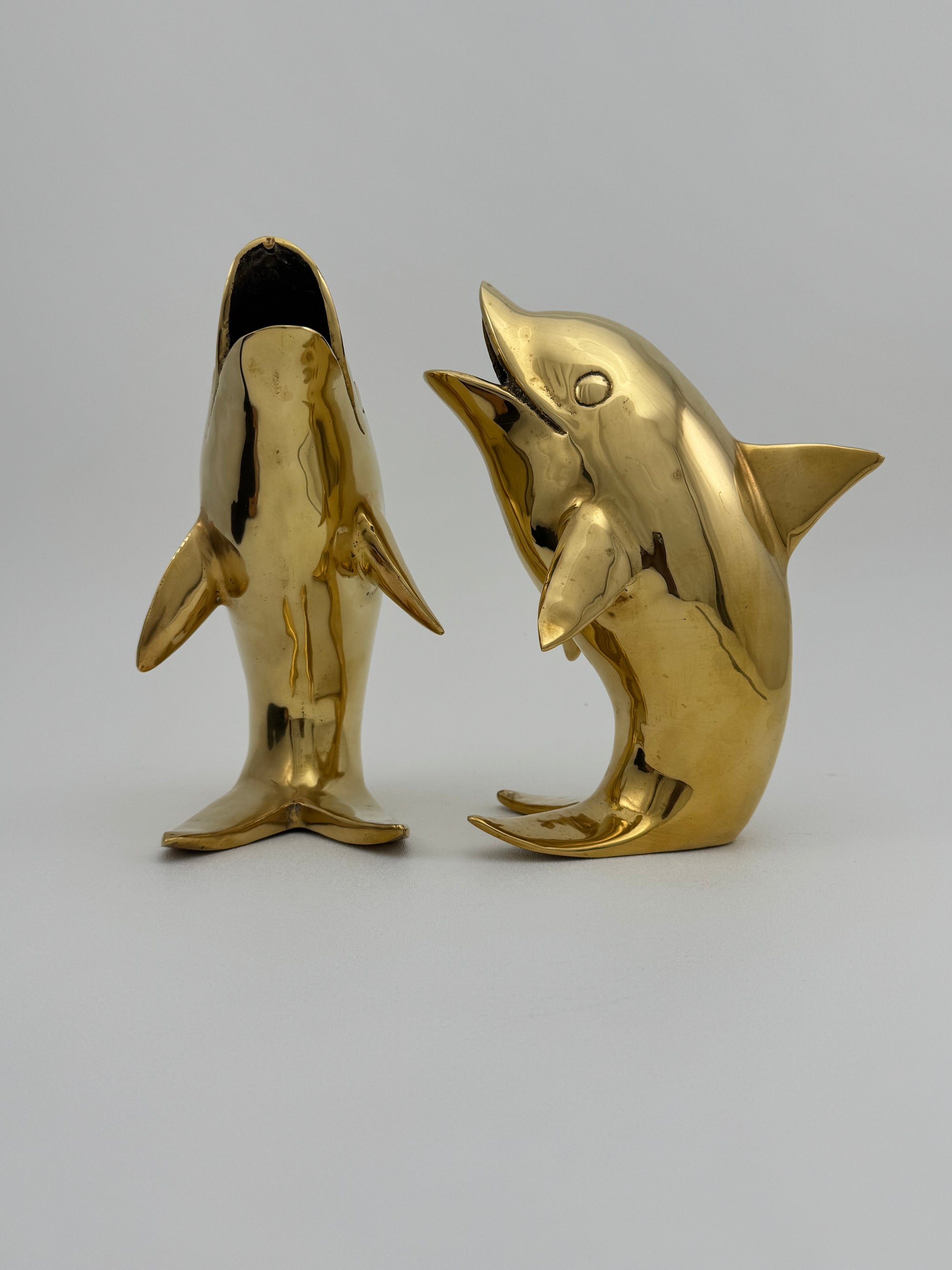Vintage Solid Brass Dolphins – 10” Coastal Wishing Vessels/Coin Banks-A Pair