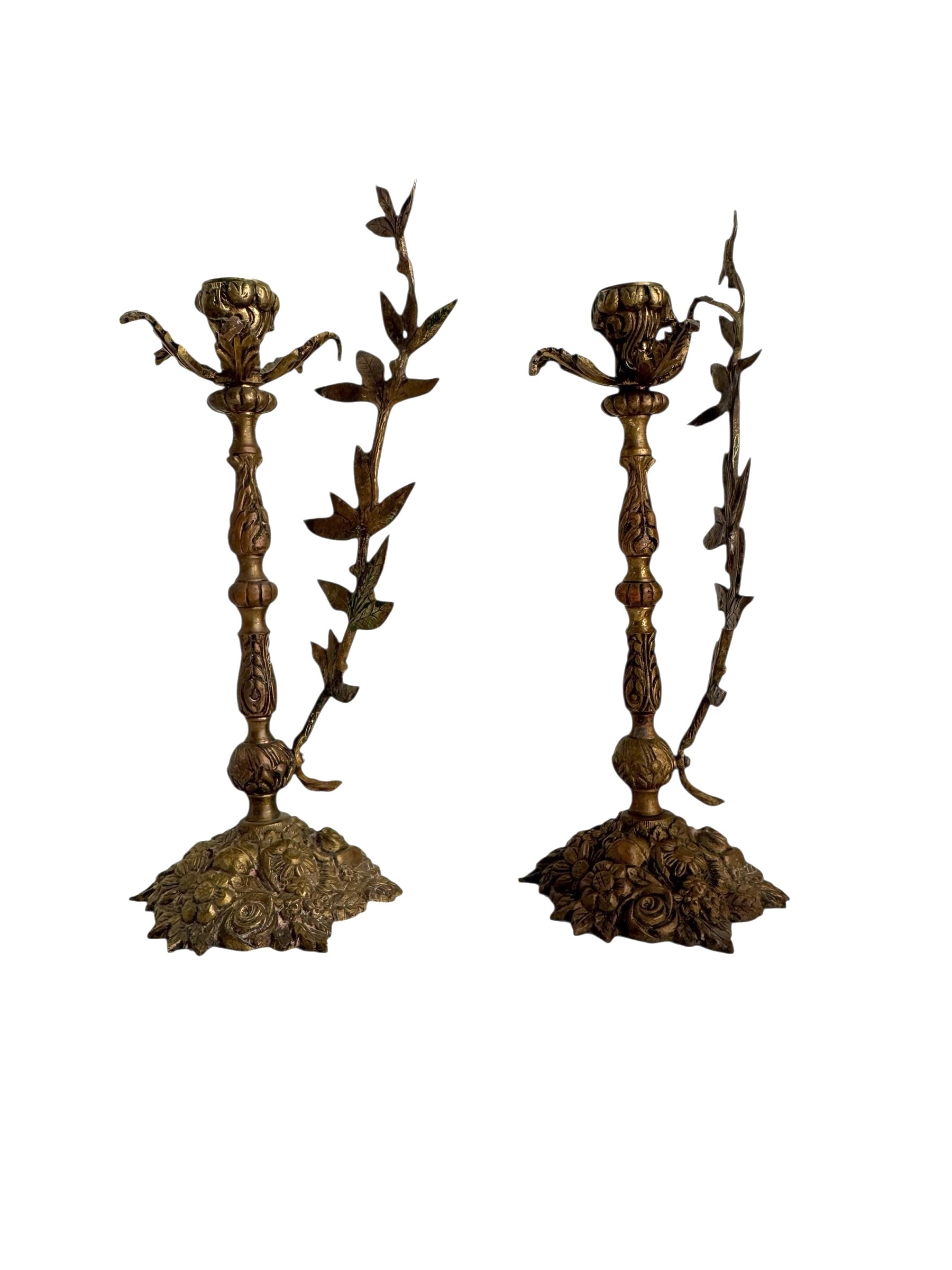 Pair of Vintage Rococo Brass Candleholders – Ornate Floral &amp; Vine Taper Holders-Made in Spain