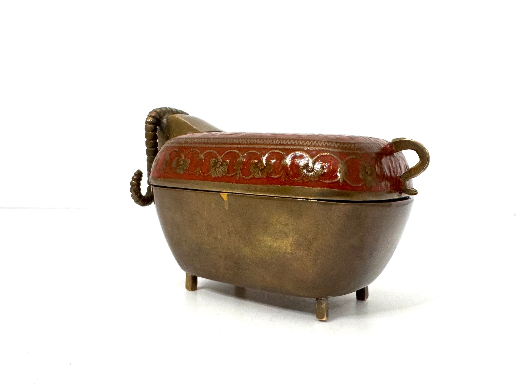 Vintage Brass Ram Trinket Box with Red Floral Enamel Lid | Mid-Century Decorative Storage Box