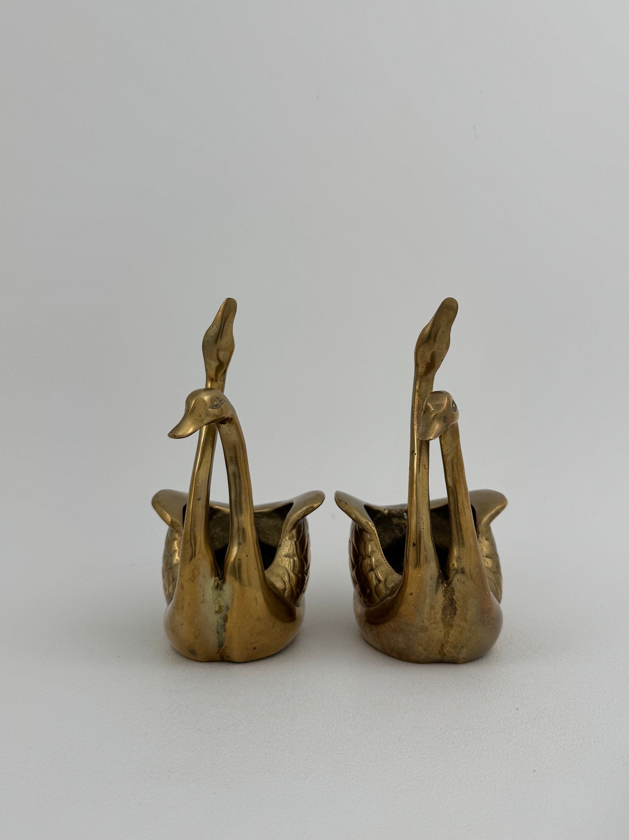 Small Pair of Vintage Brass Double Swan Planters – Hollywood Regency Stash Pots – 7”