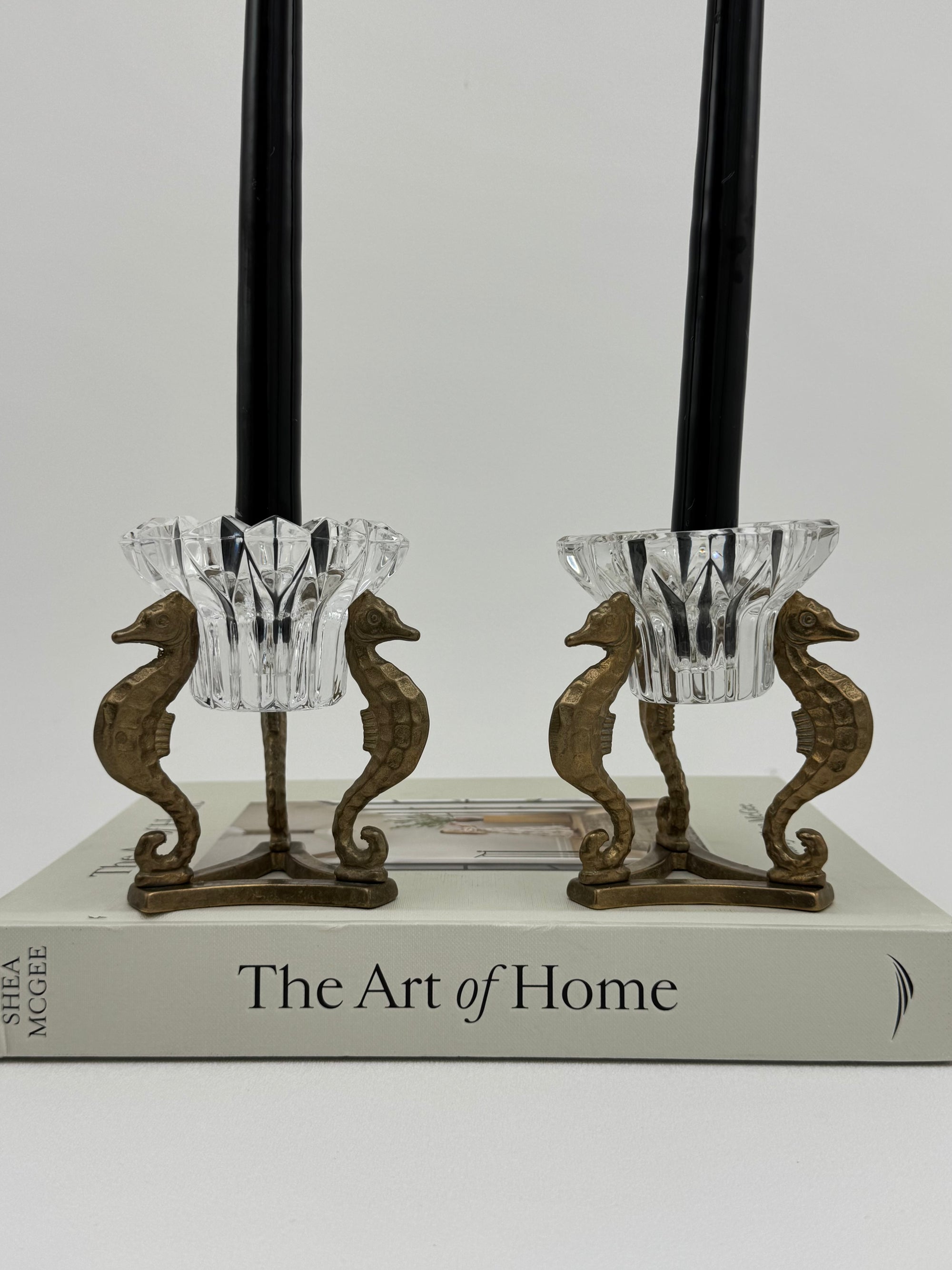 Vintage Brass Seahorse Stands with Crystal Inserts-A Pair