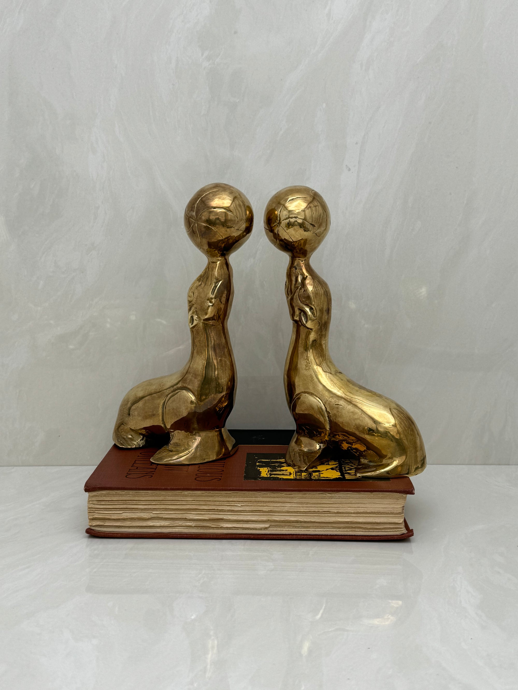 Vintage Brass Seal Bookends with Ball-A Pair