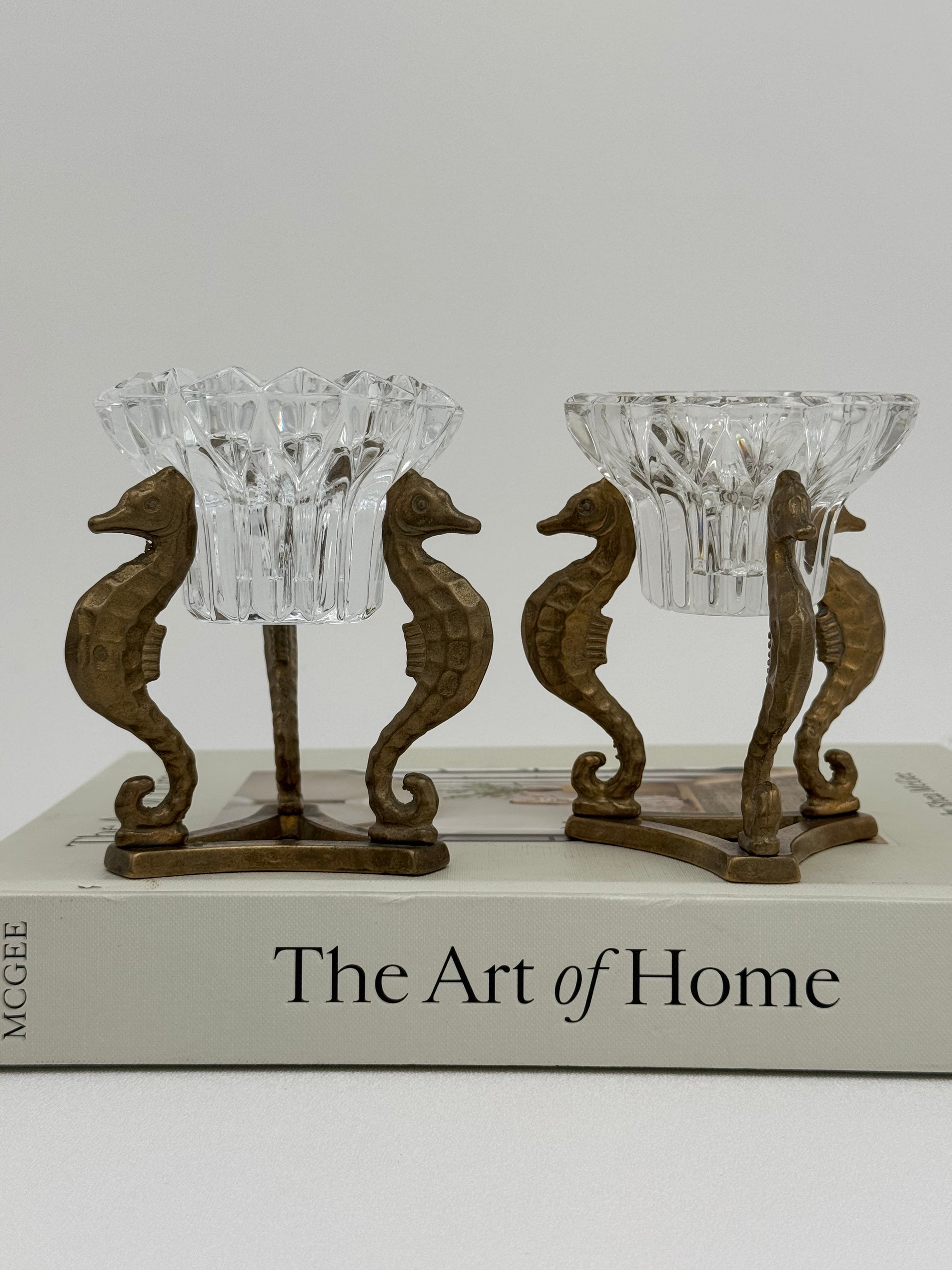 Vintage Brass Seahorse Stands with Crystal Inserts-A Pair