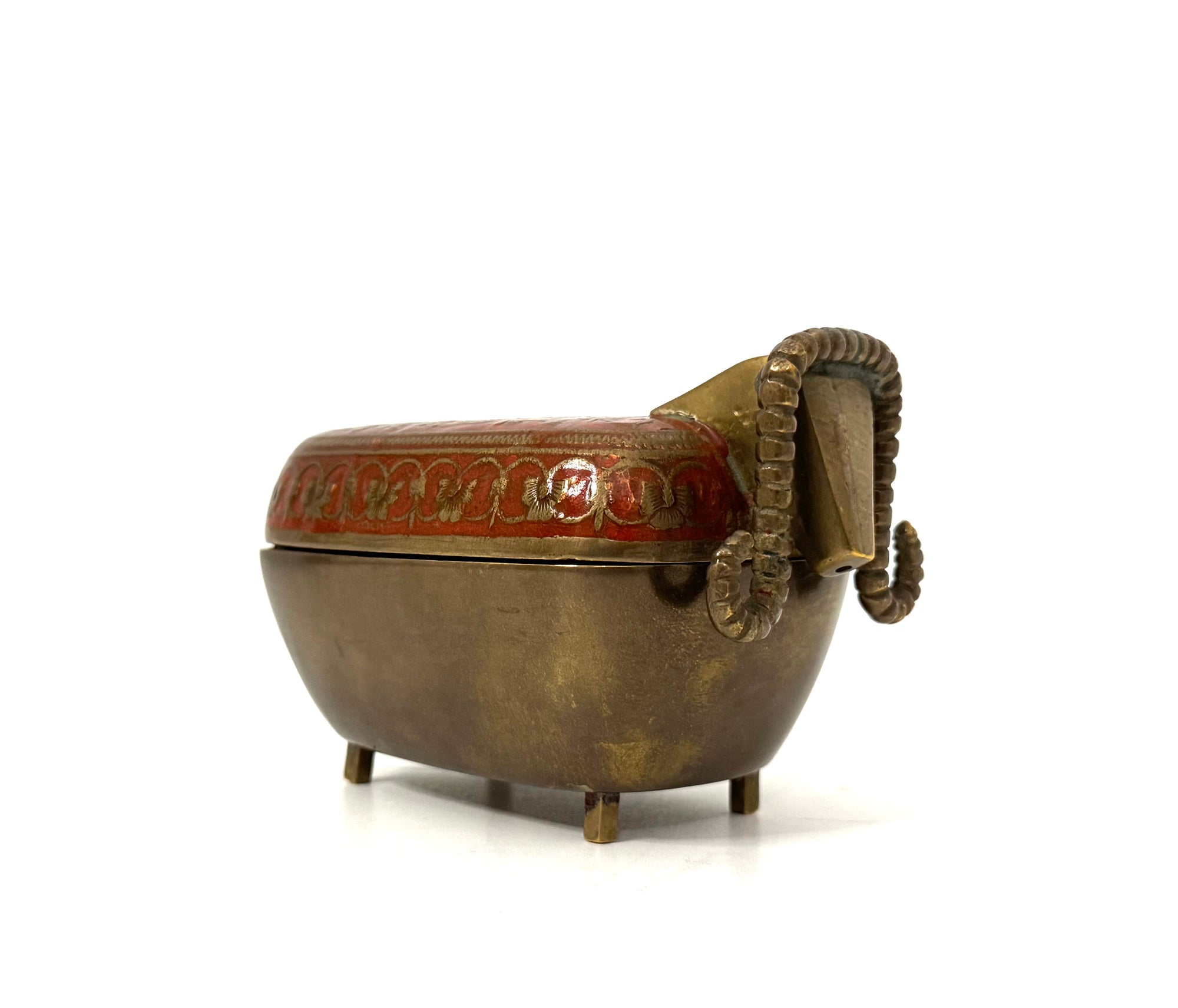 Vintage Brass Ram Trinket Box with Red Floral Enamel Lid | Mid-Century Decorative Storage Box