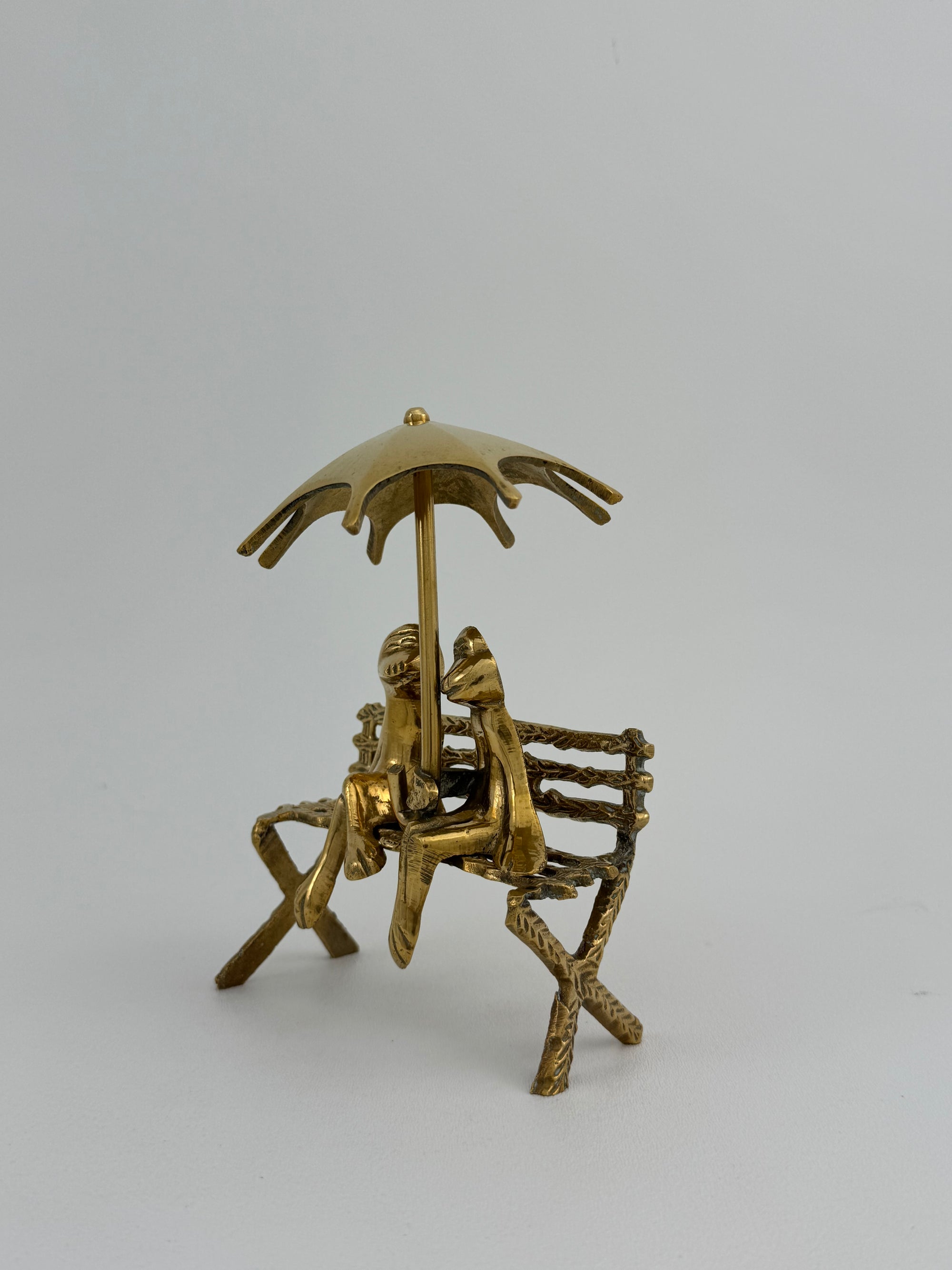 Vintage Brass Charming Frog Couple on Bench Under Umbrella