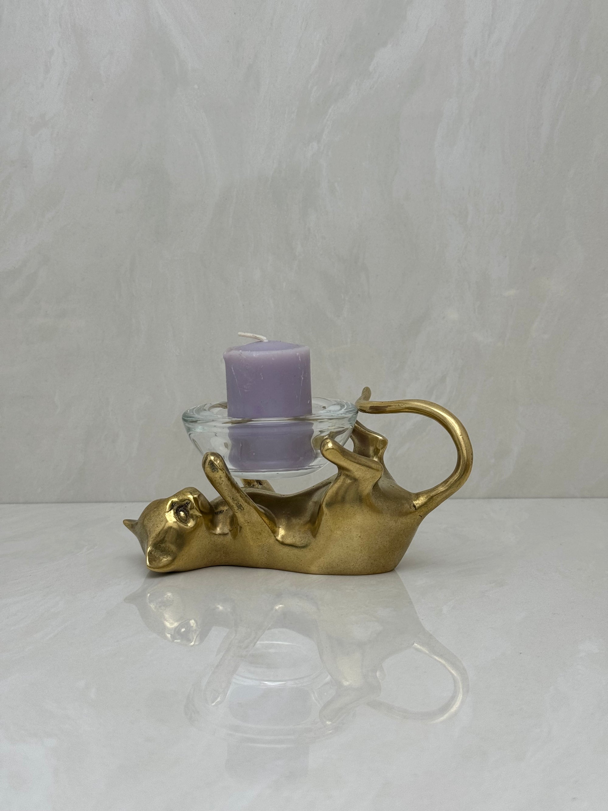 Vintage Brass Cat With Glass Candleholder