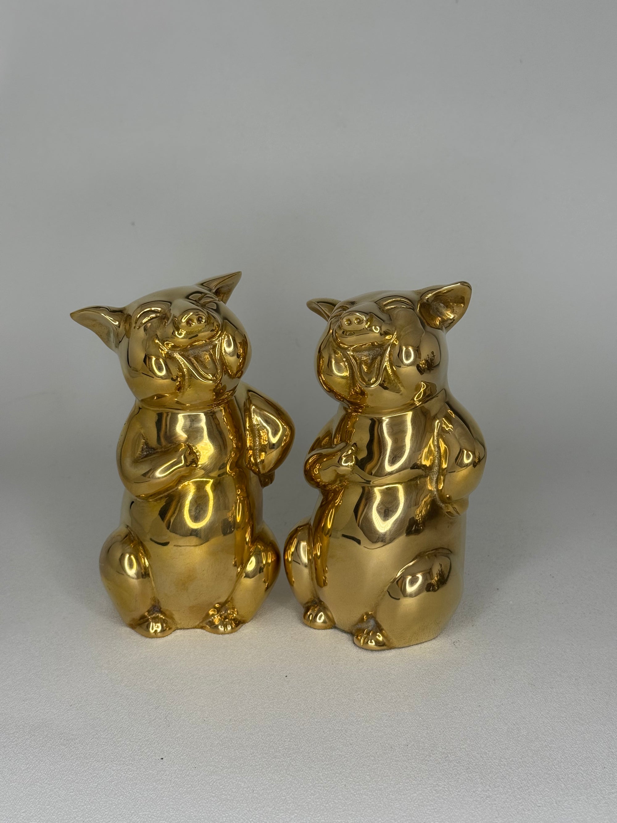 Pair of Vintage Brass Laughing Pig Figurines