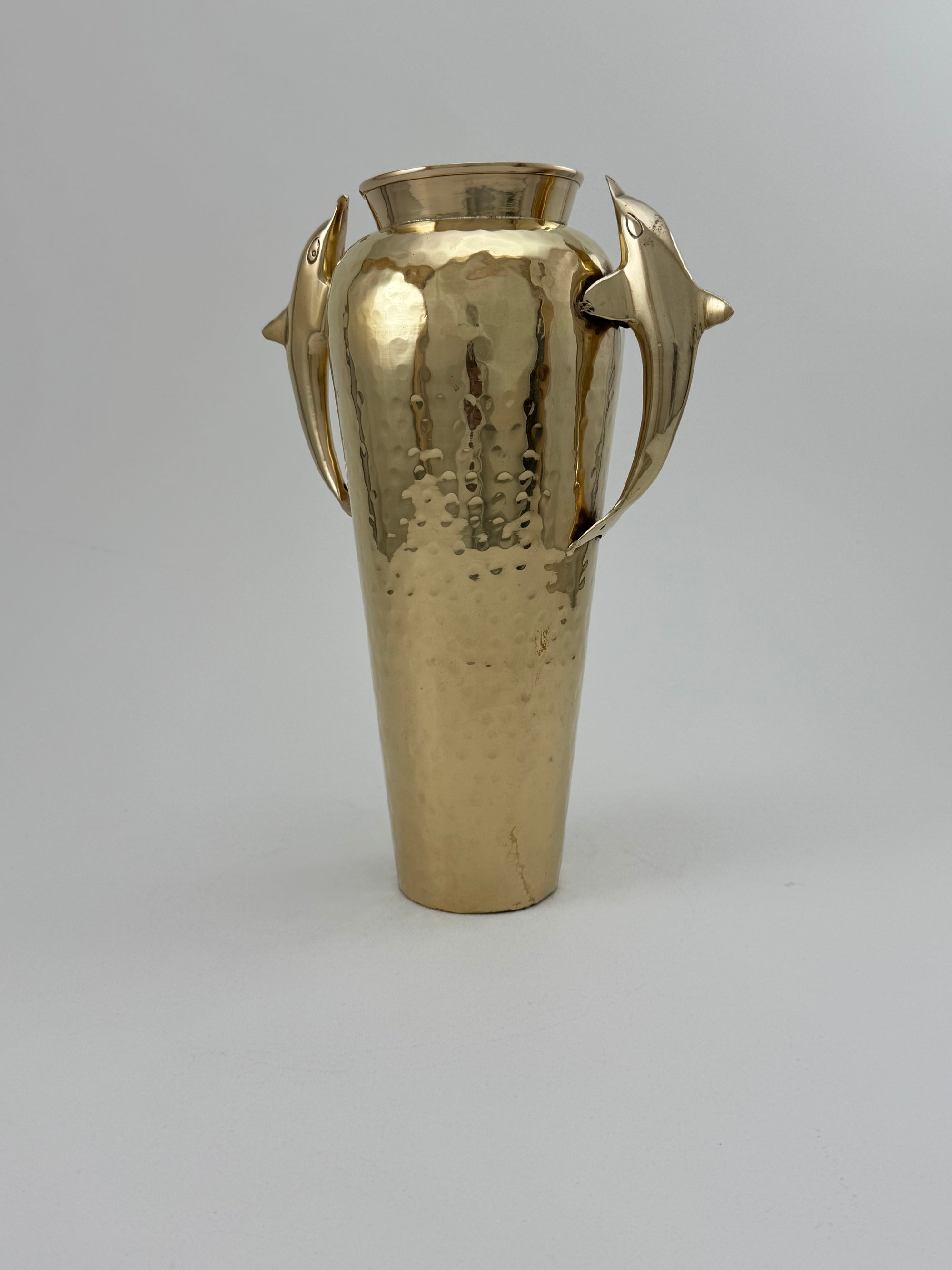 Vintage Brass Dolphin Vase – 12” Tall Hammered Coastal Nautical Decor, Hollywood Regency Style, Dolphin Handles