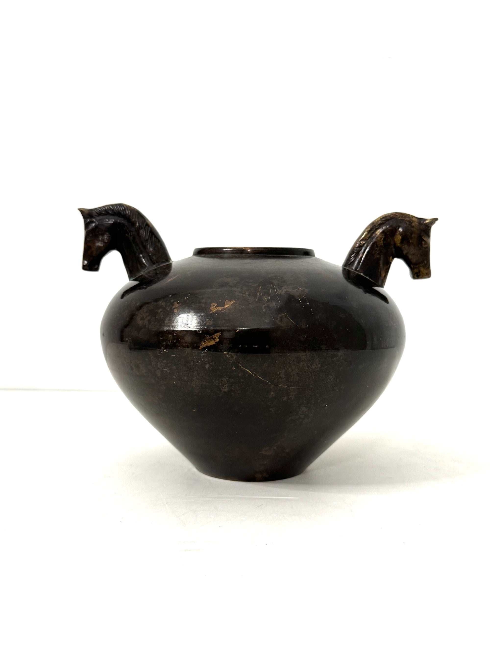 Vintage Bronze Horse Head Vessel | Dual Horse Sculpture Vase
