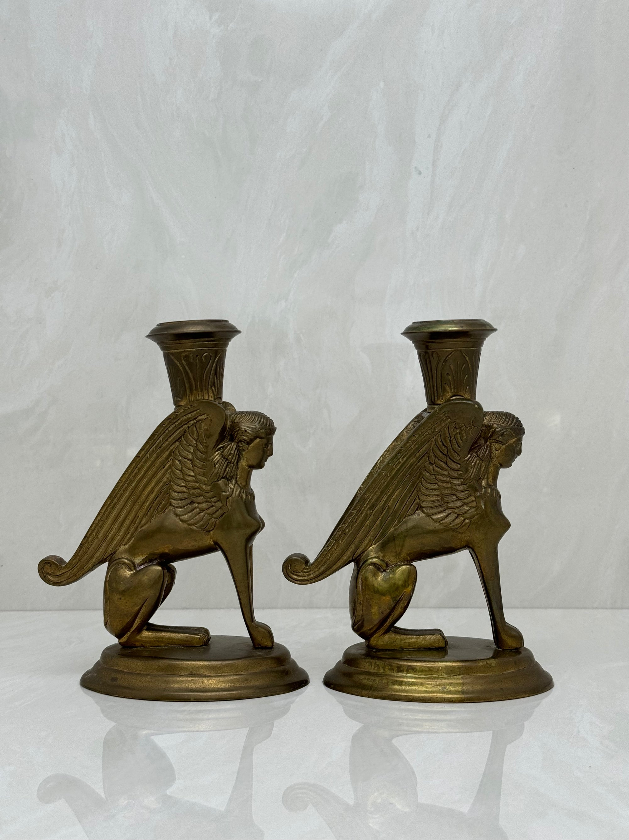 Vintage Brass Winged Sphinx Candleholders-A Pair