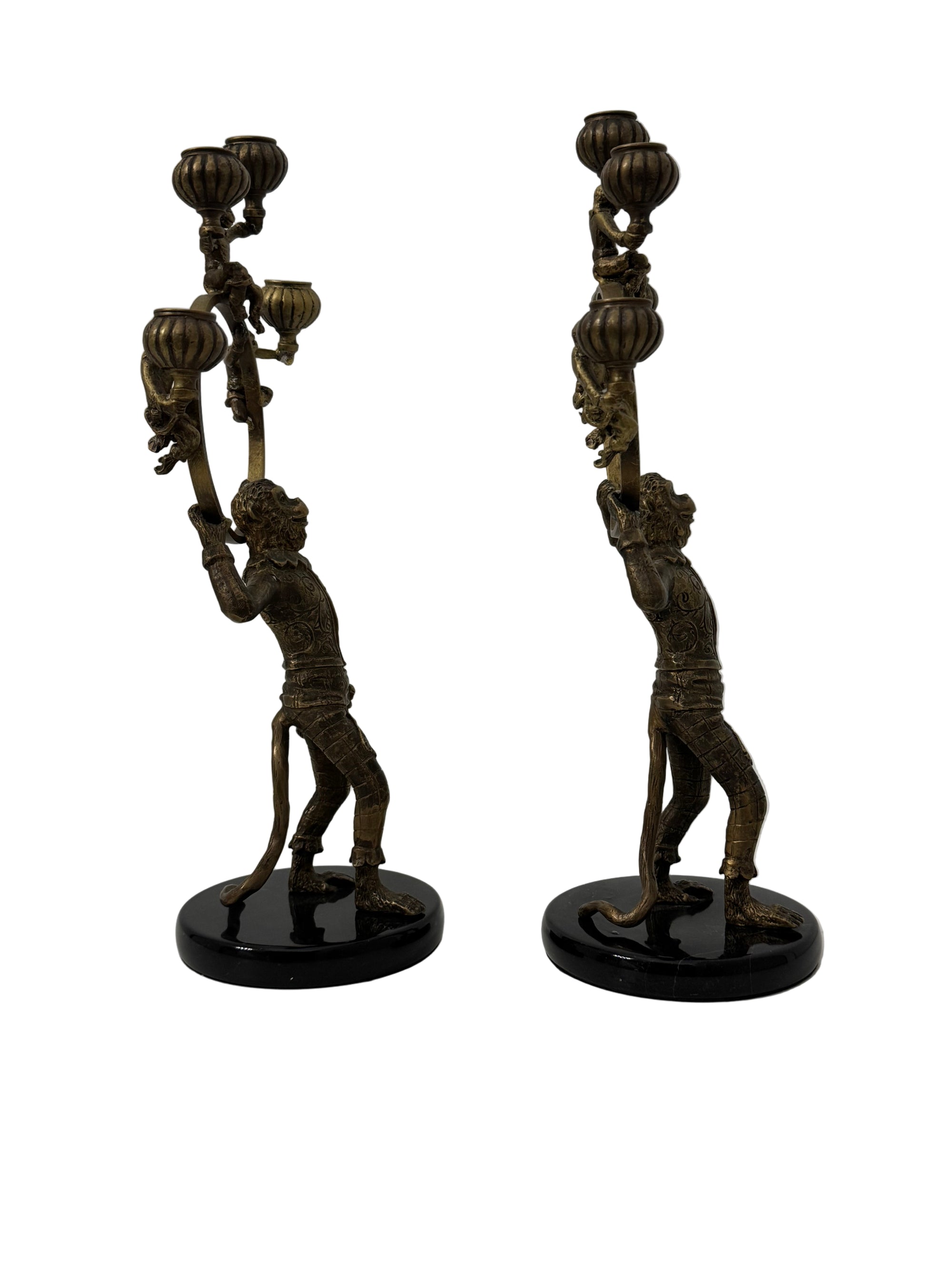 Vintage Brass Monkey Candleholders on Black Marble Bases | Mid-Century Exotic Pair