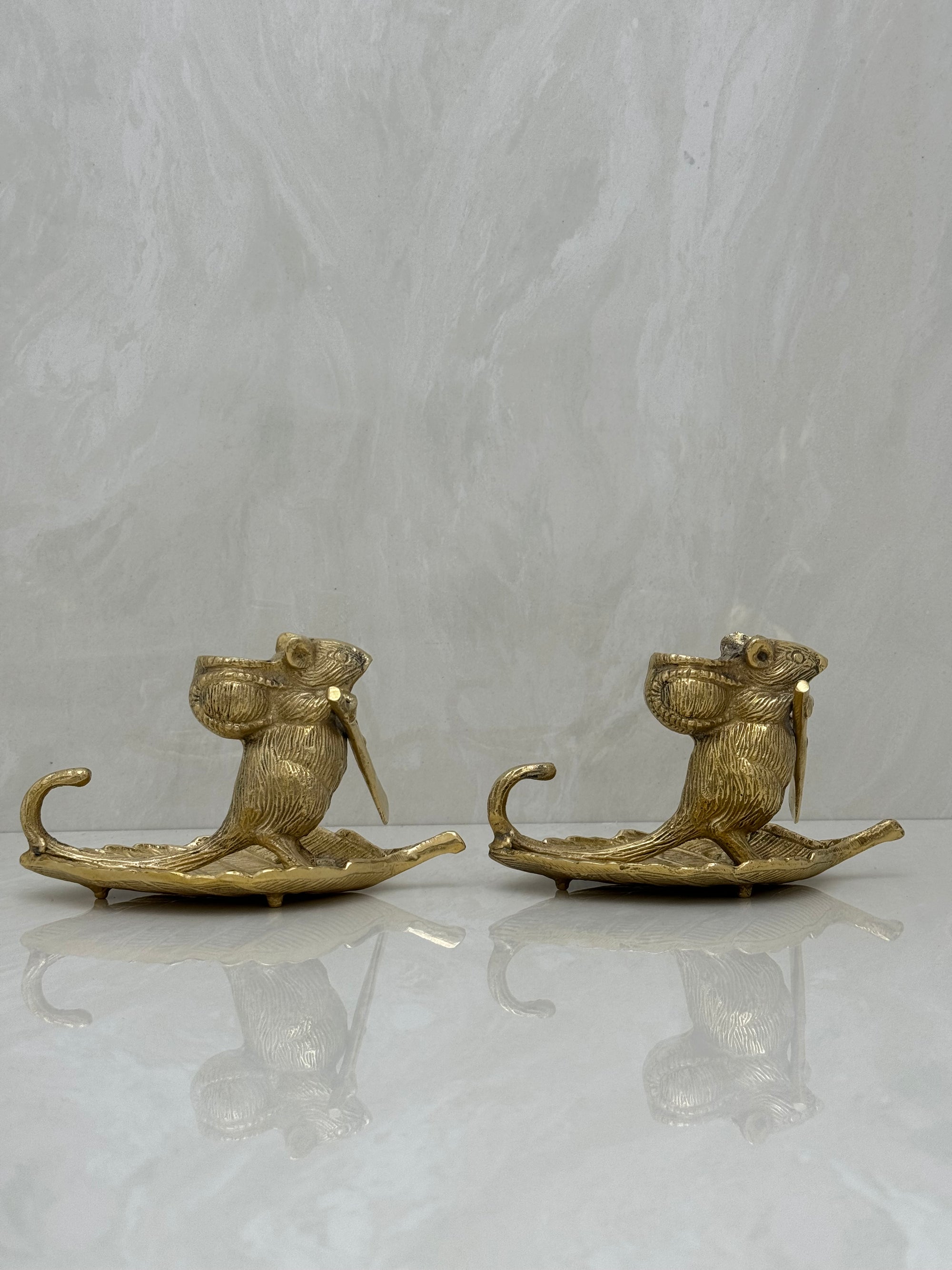 Whimsical Vintage Bronze Mouse Candleholders – Leaf Boats- A Pair