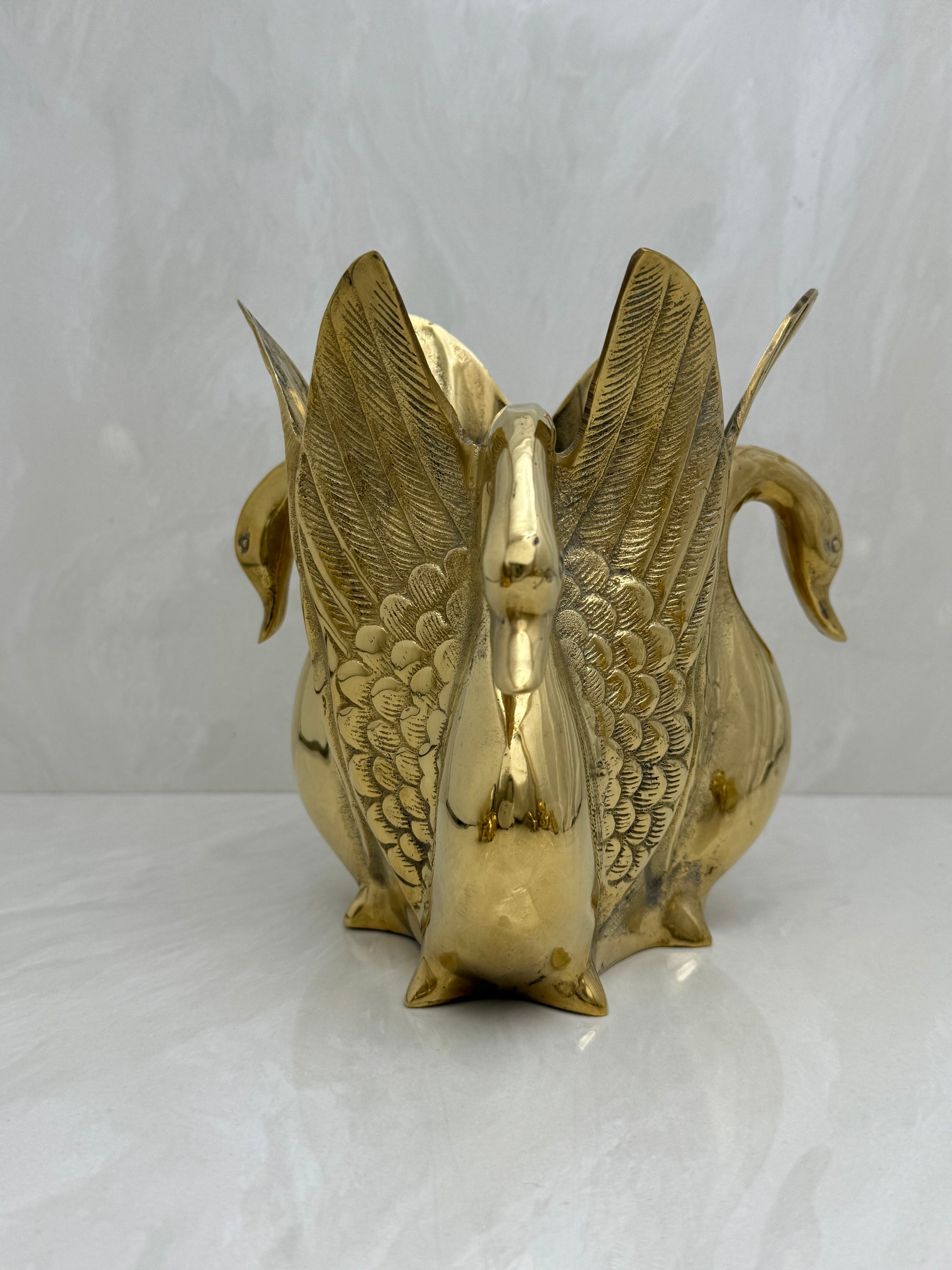 Vintage Brass Three Swan Vase