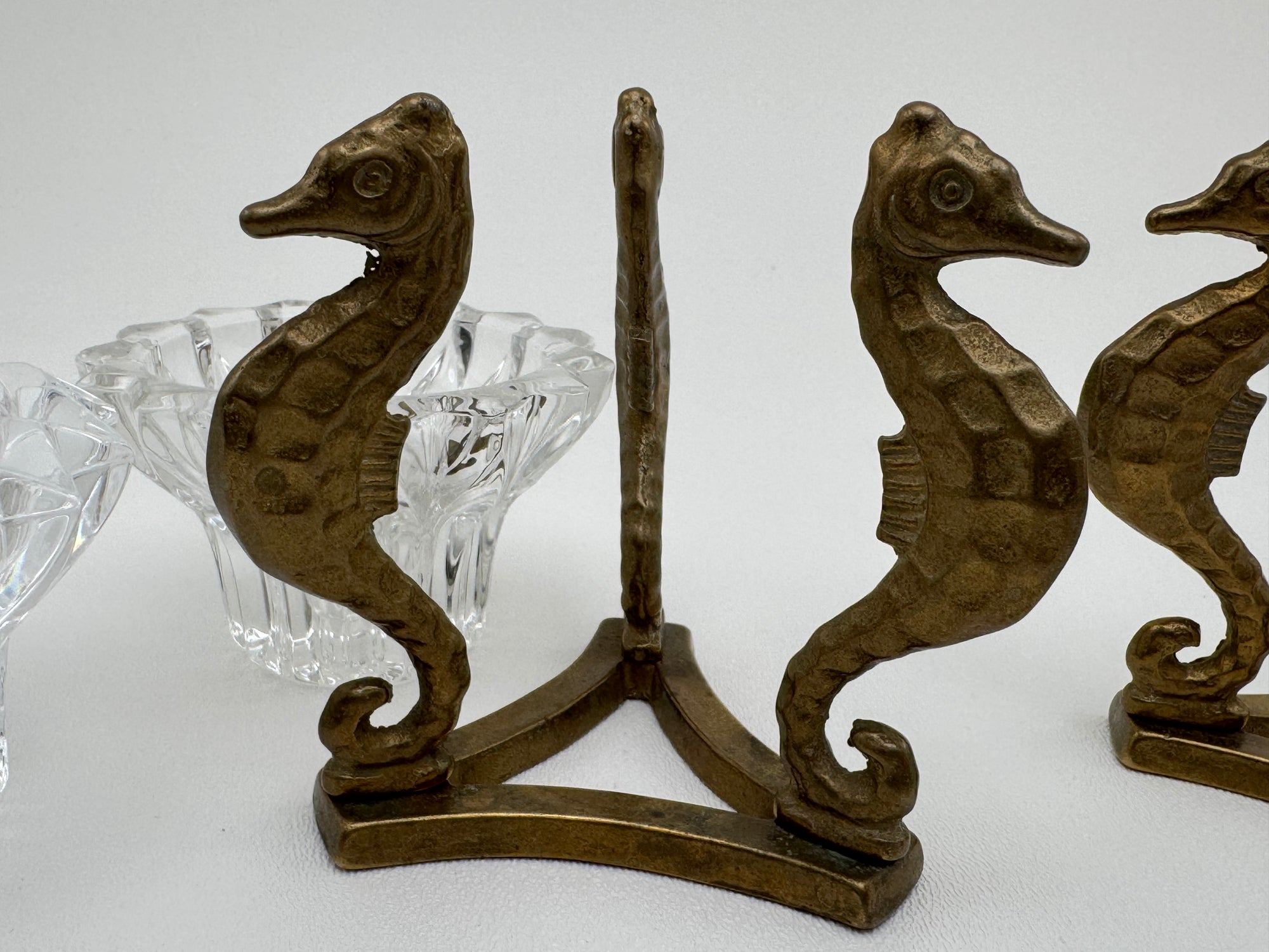 Vintage Brass Seahorse Stands with Crystal Inserts-A Pair