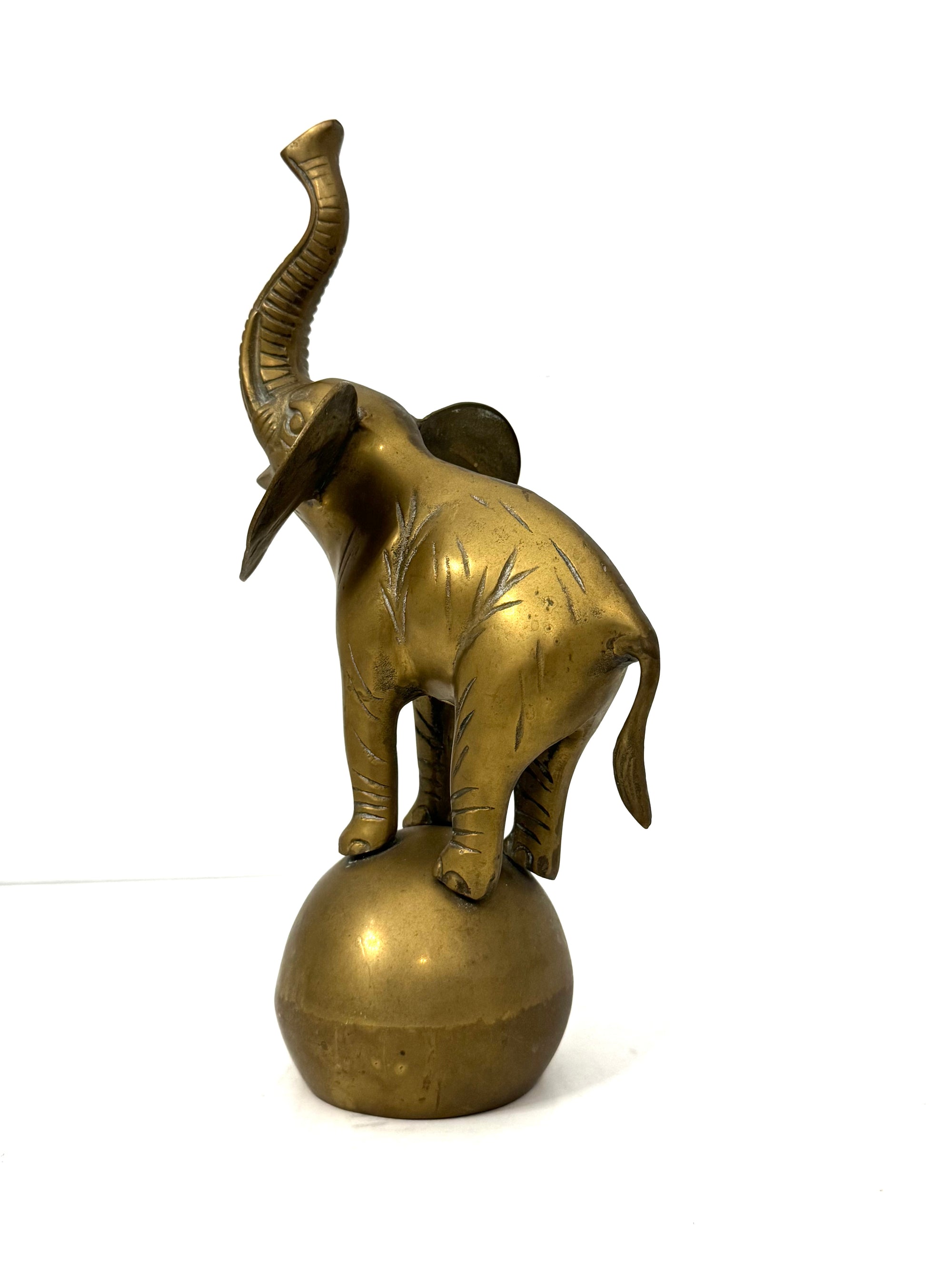 Vintage Brass Elephant on Ball | Mid-Century Circus Sculpture | 13+ inches tall
