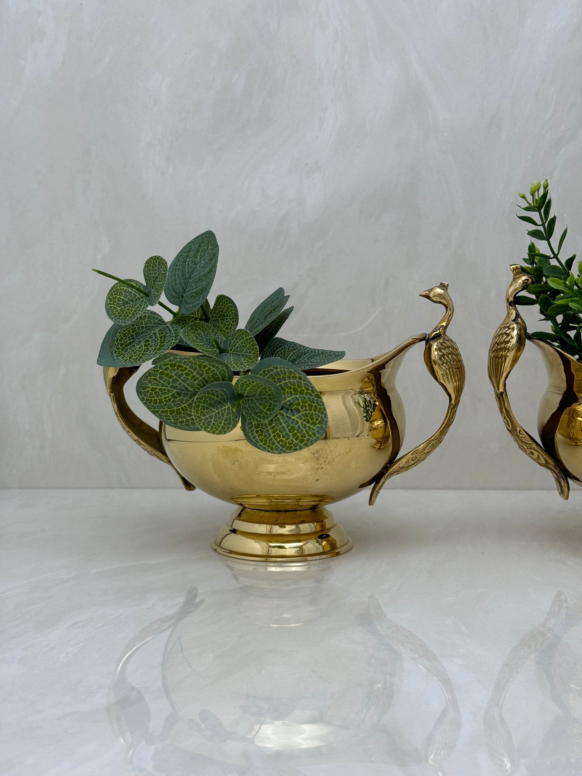 Vintage Brass Flower Bowls With Peacock Handles-A Pair