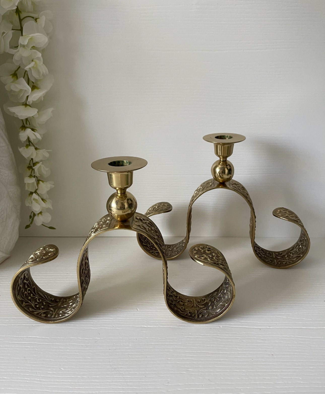 Vintage Brass Candlestick Holders with Scrollwork- A Pair