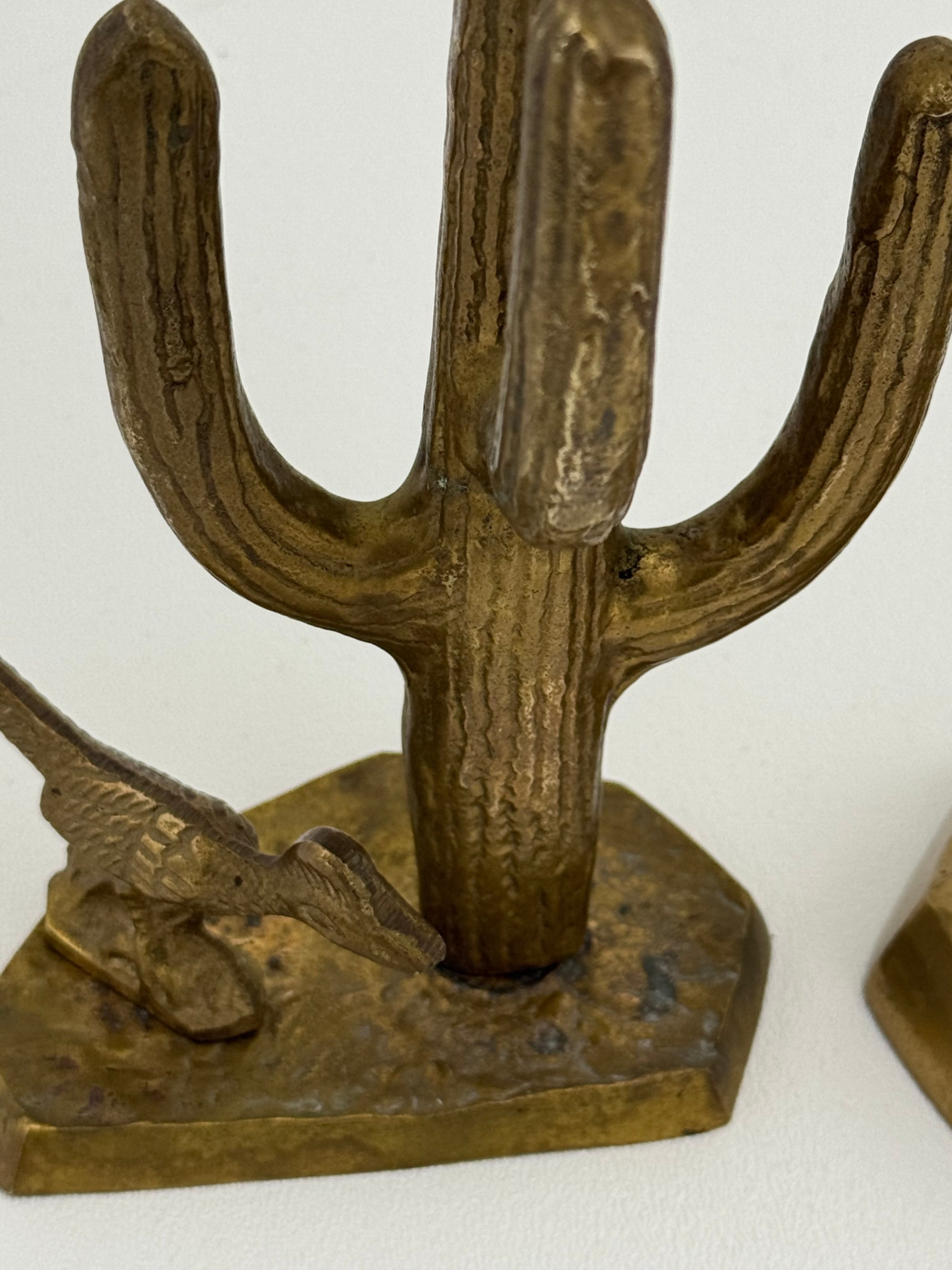 Vintage Brass Saguaro Cactus &amp; Roadrunner — Pair (Set of 2)
