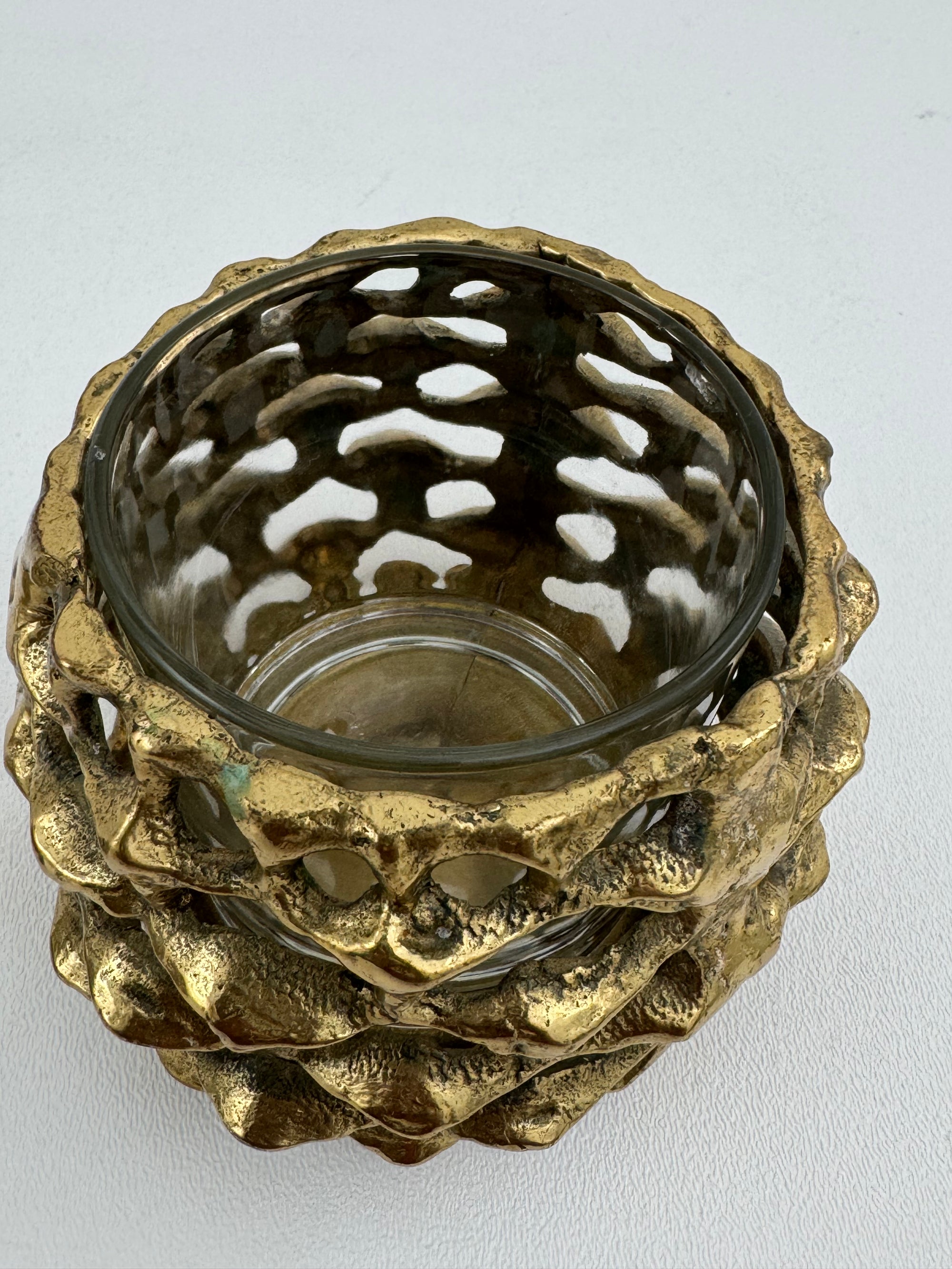 Vintage Brass Brutalist Style Candleholders With Glass Inserts-A Pair