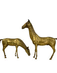 Large Vintage Brass Horse Sculptures – Grazing and Standing Pair (14.5 and 13.5 inches long)