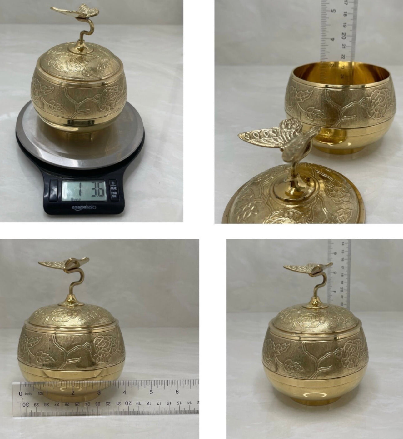 Vintage Brass Trinket Bowl with Butterfly Lid and Floral Etchings