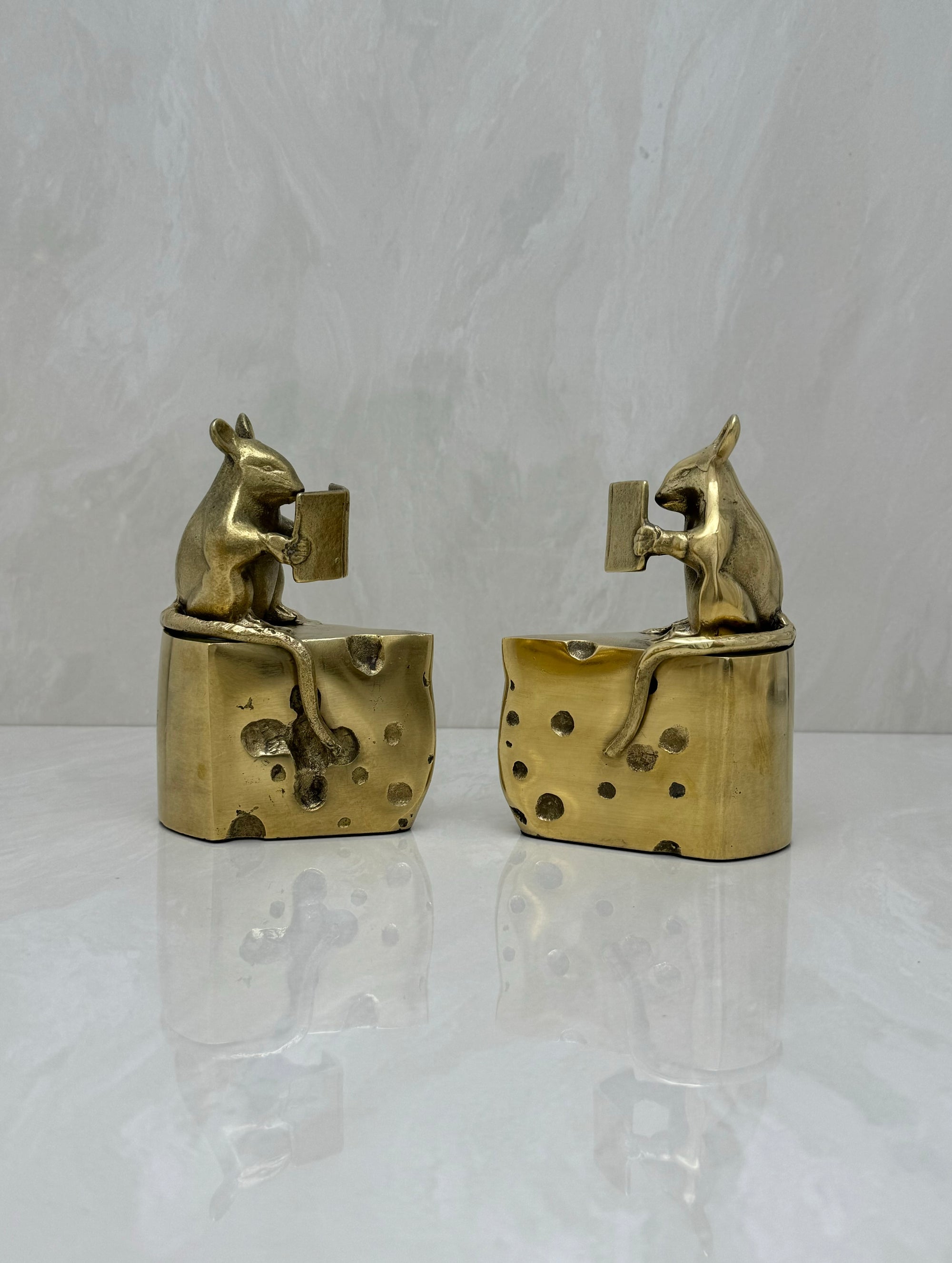 Vintage Brass Mice Reading Books Atop a Slice of Cheese-A Pair