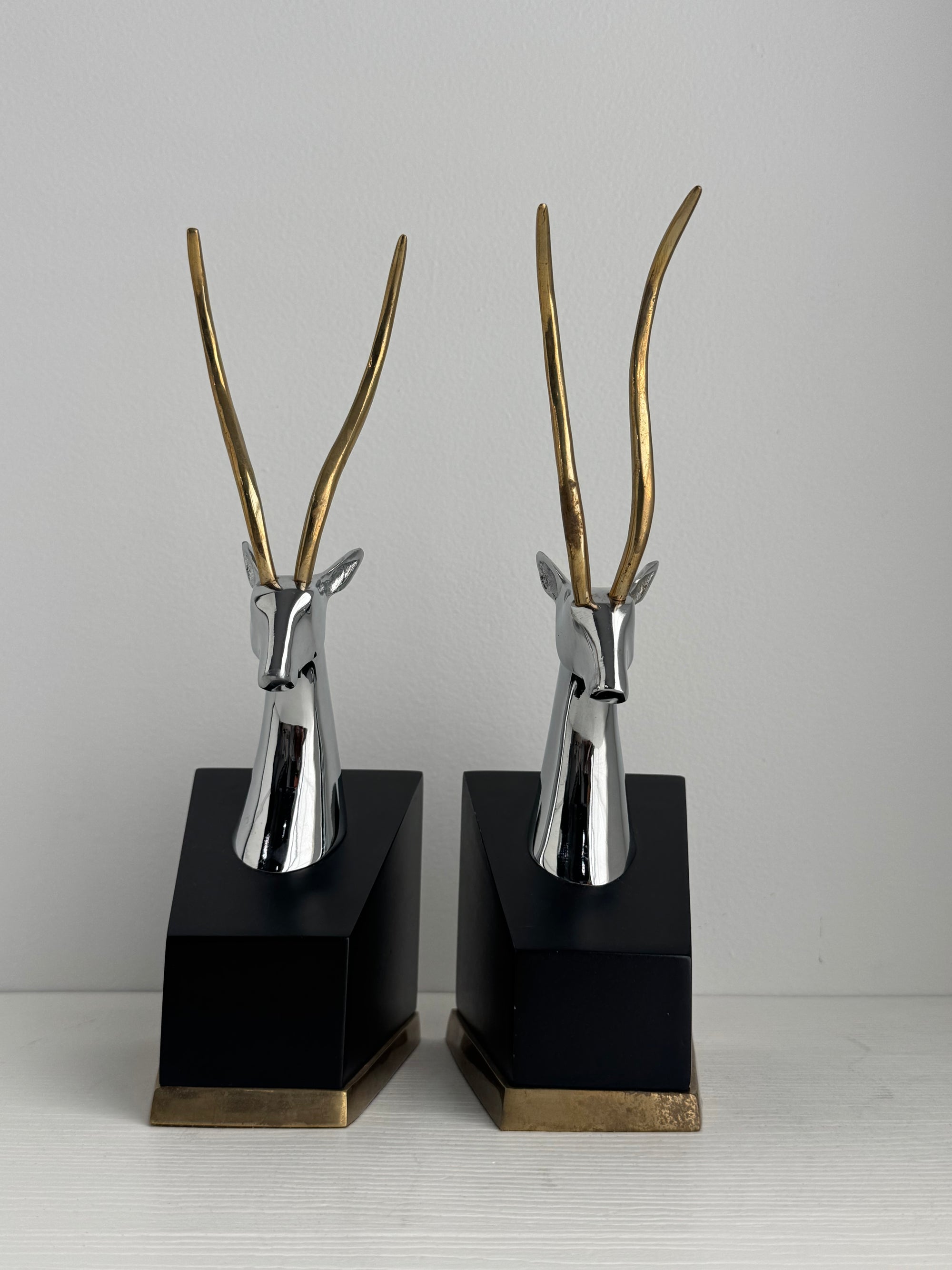 Mid-Century Chrome and Brass Antelope Bookends – Pair
