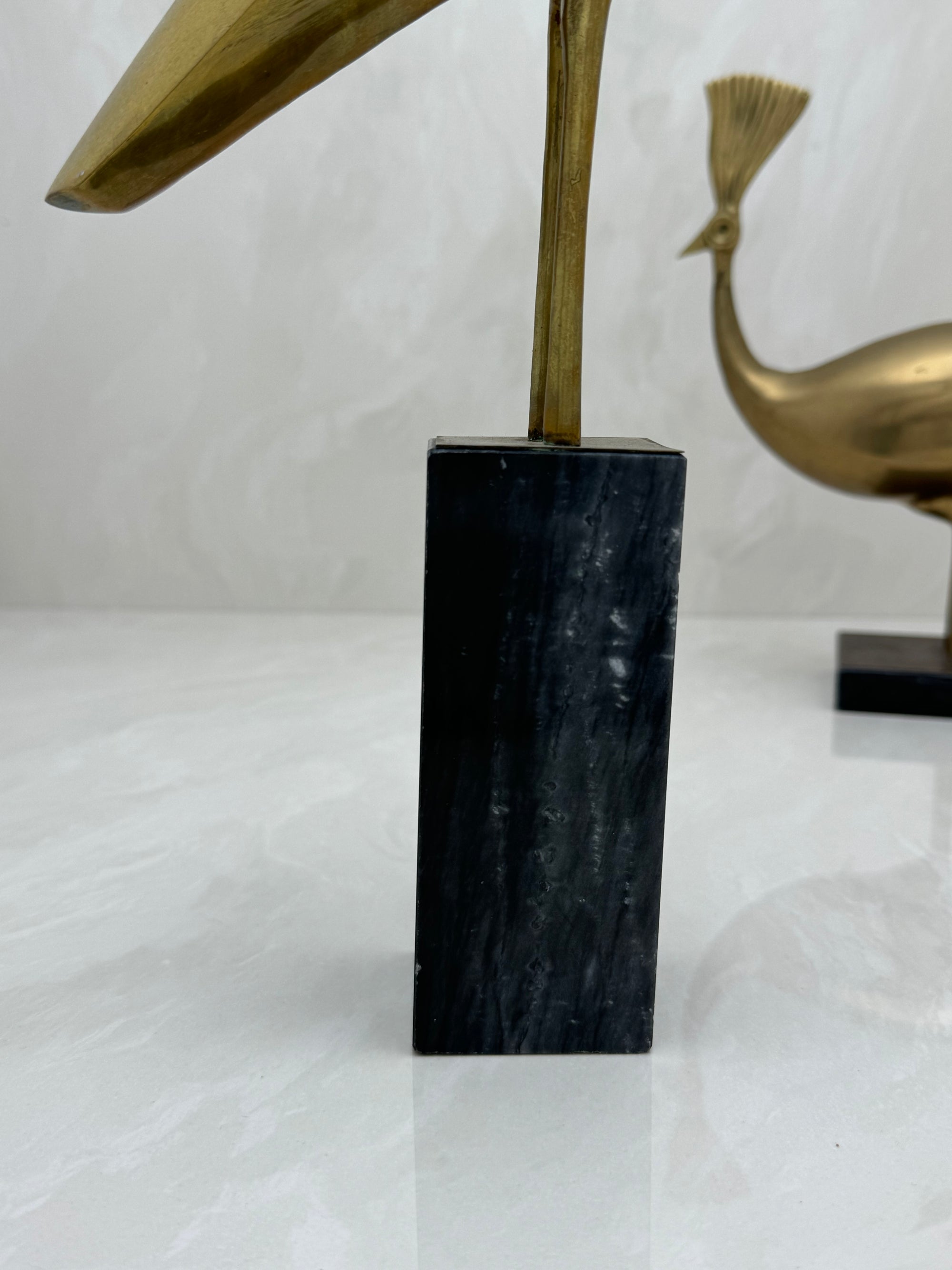 Vintage Brass Peacocks on Marble Bases- A Pair by Rosenthal Netter