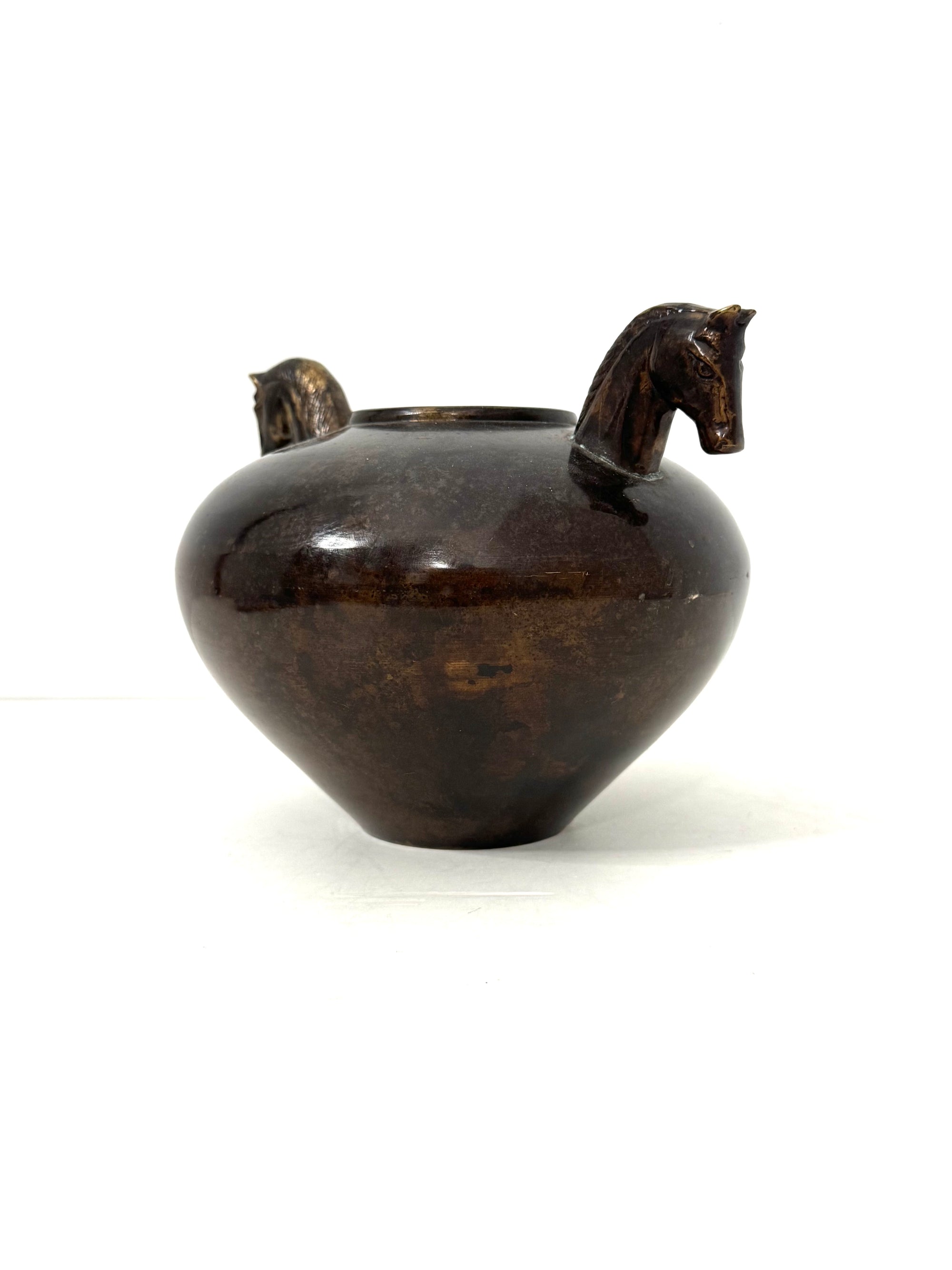Vintage Bronze Horse Head Vessel | Dual Horse Sculpture Vase