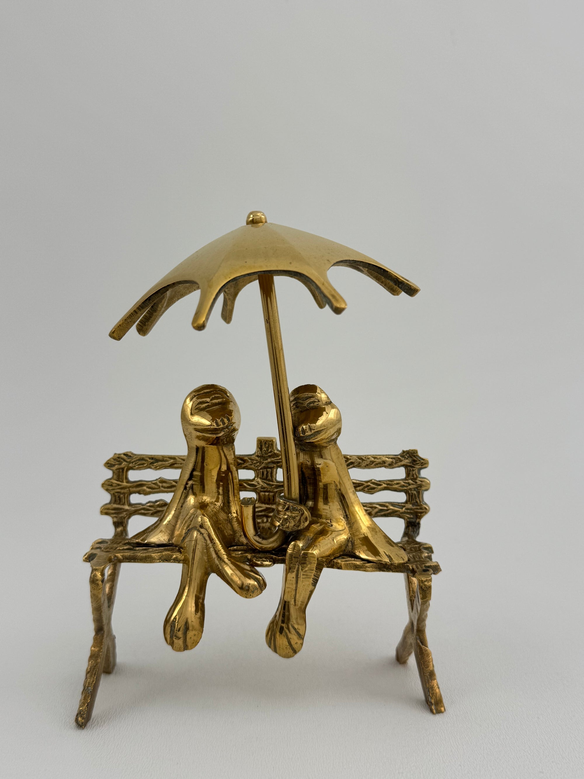 Vintage Brass Charming Frog Couple on Bench Under Umbrella