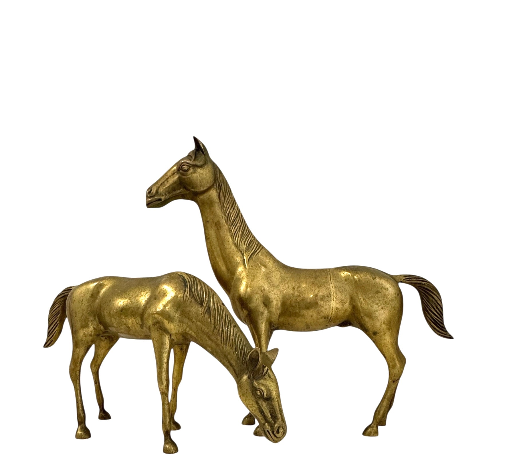 Large Vintage Brass Horse Sculptures – Grazing and Standing Pair (14.5 and 13.5 inches long)