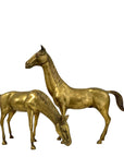 Large Vintage Brass Horse Sculptures – Grazing and Standing Pair (14.5 and 13.5 inches long)