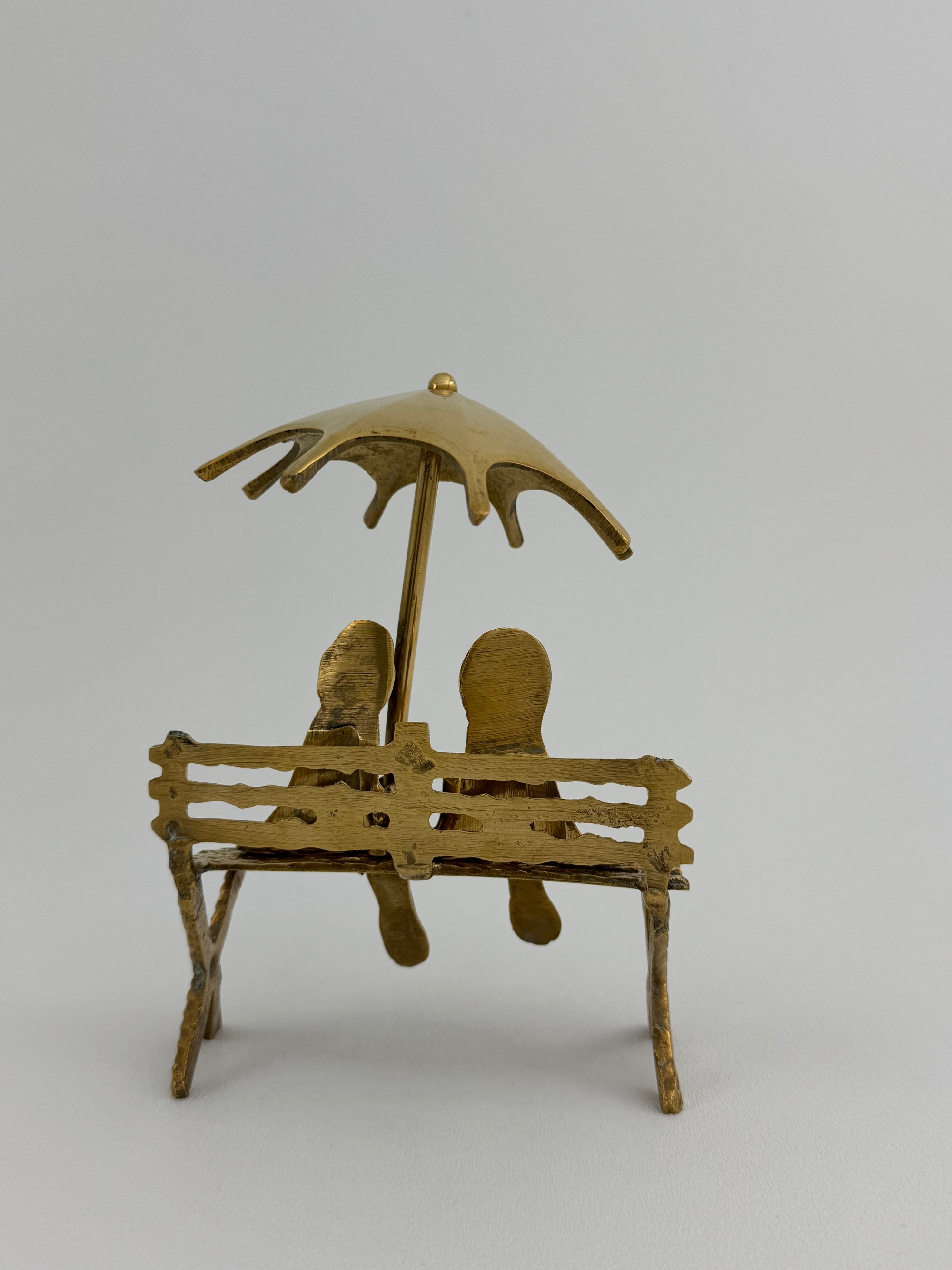 Vintage Brass Charming Frog Couple on Bench Under Umbrella