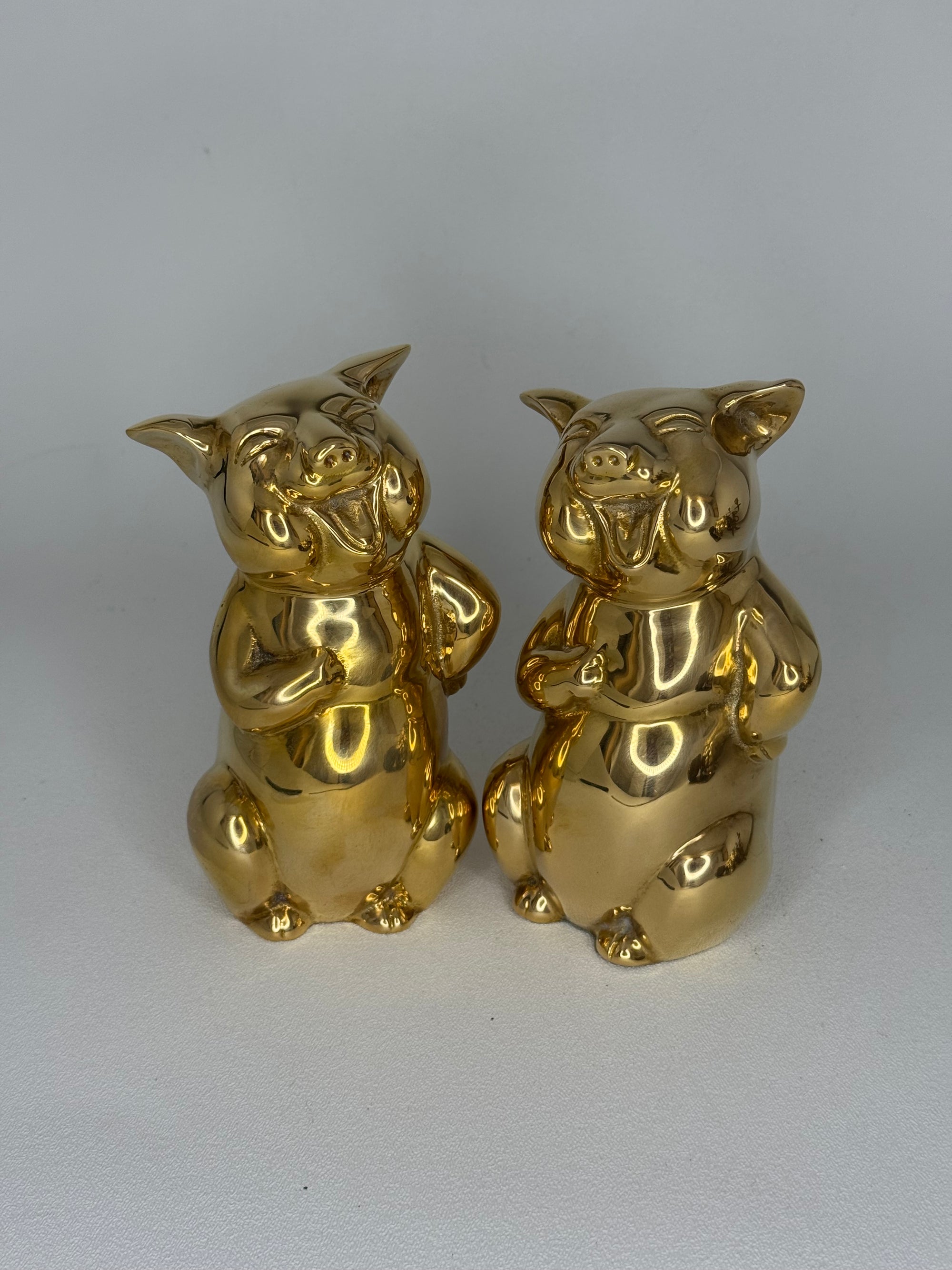 Pair of Vintage Brass Laughing Pig Figurines