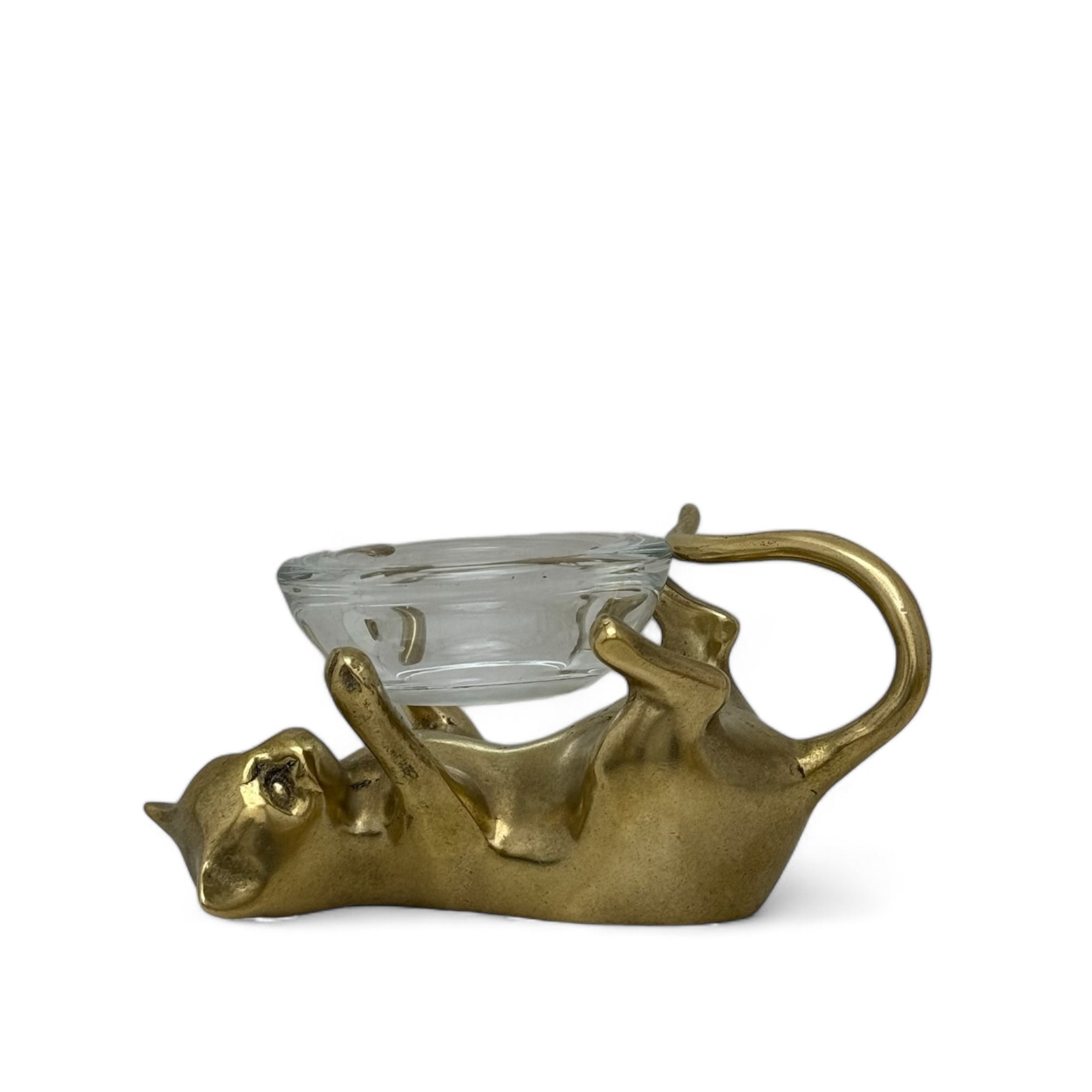 Vintage Brass Cat With Glass Candleholder